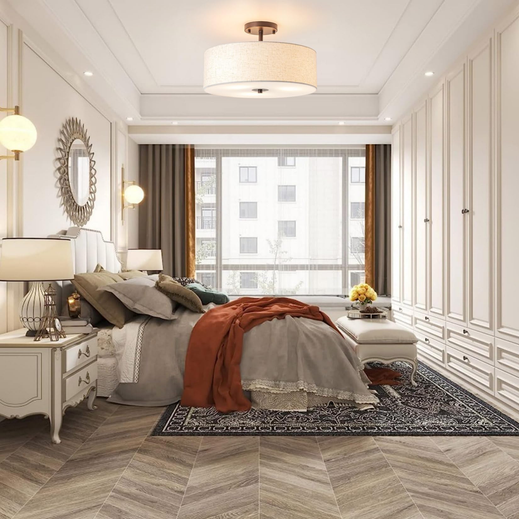 Bargeni Semi Flush Mount Ceiling Light Fixture,16 Inch Drum Flush Mount Ceiling Light,Modern Light Fixtures Ceiling Mount With O