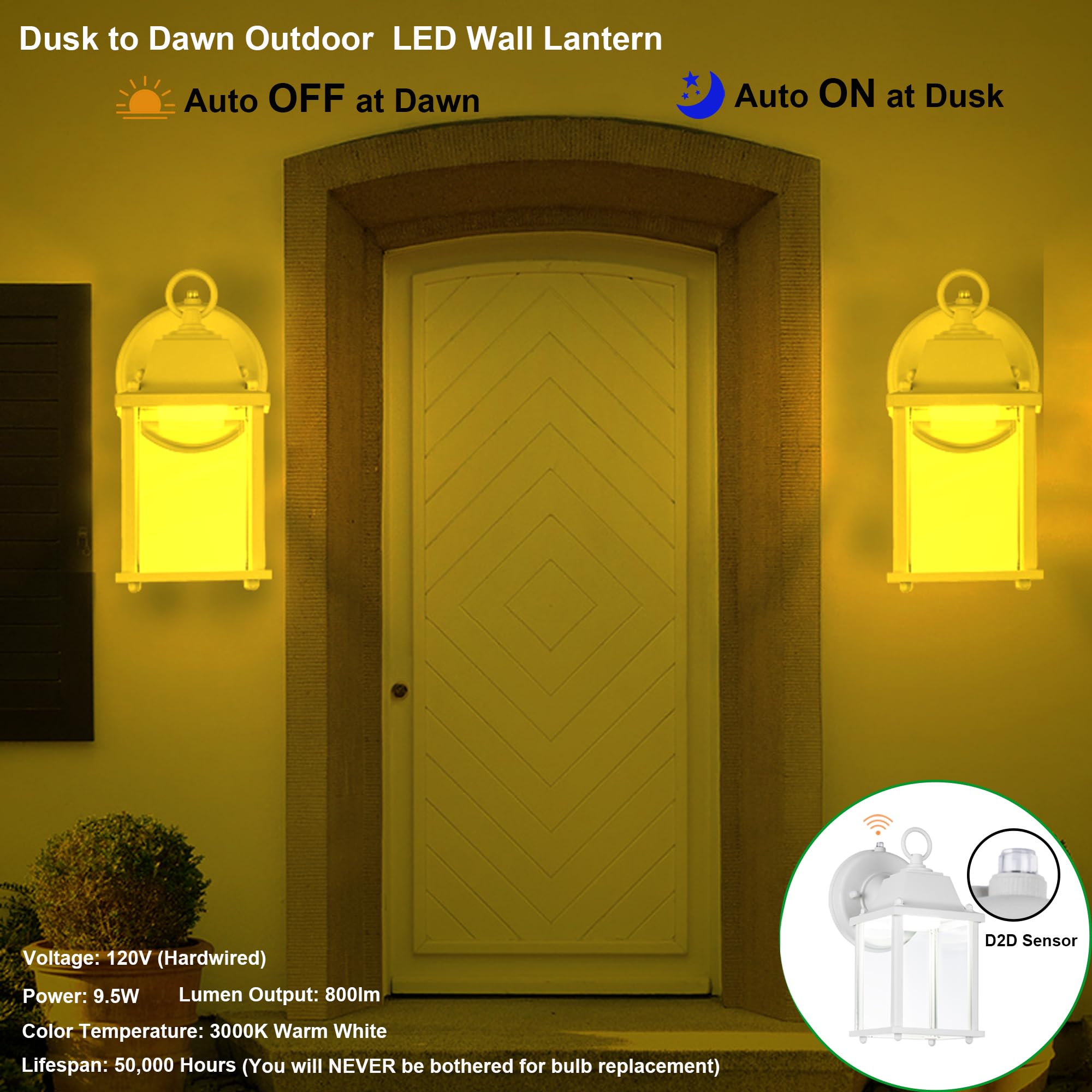 LIT-PaTH Dusk to Dawn Outdoor Wall Lantern, LED Sconce, 3000K White, Aluminum, 9.5W, 800 Lumen, 2-Pack