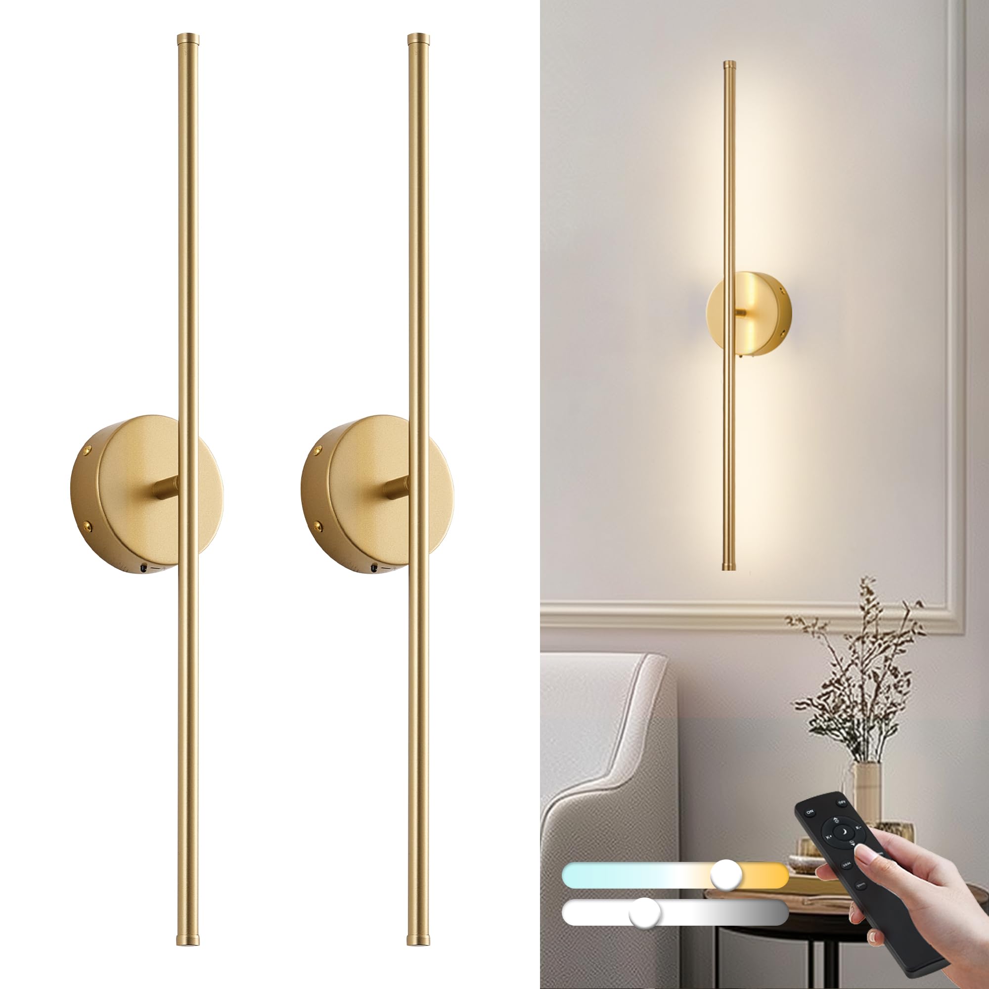 KARTOOSH Wall Sconces with Remote Control, 350° Rotate, 3 Color Temperatures, 28.3 Inch, Gold, Metal, 2 Pack, Model ZM326