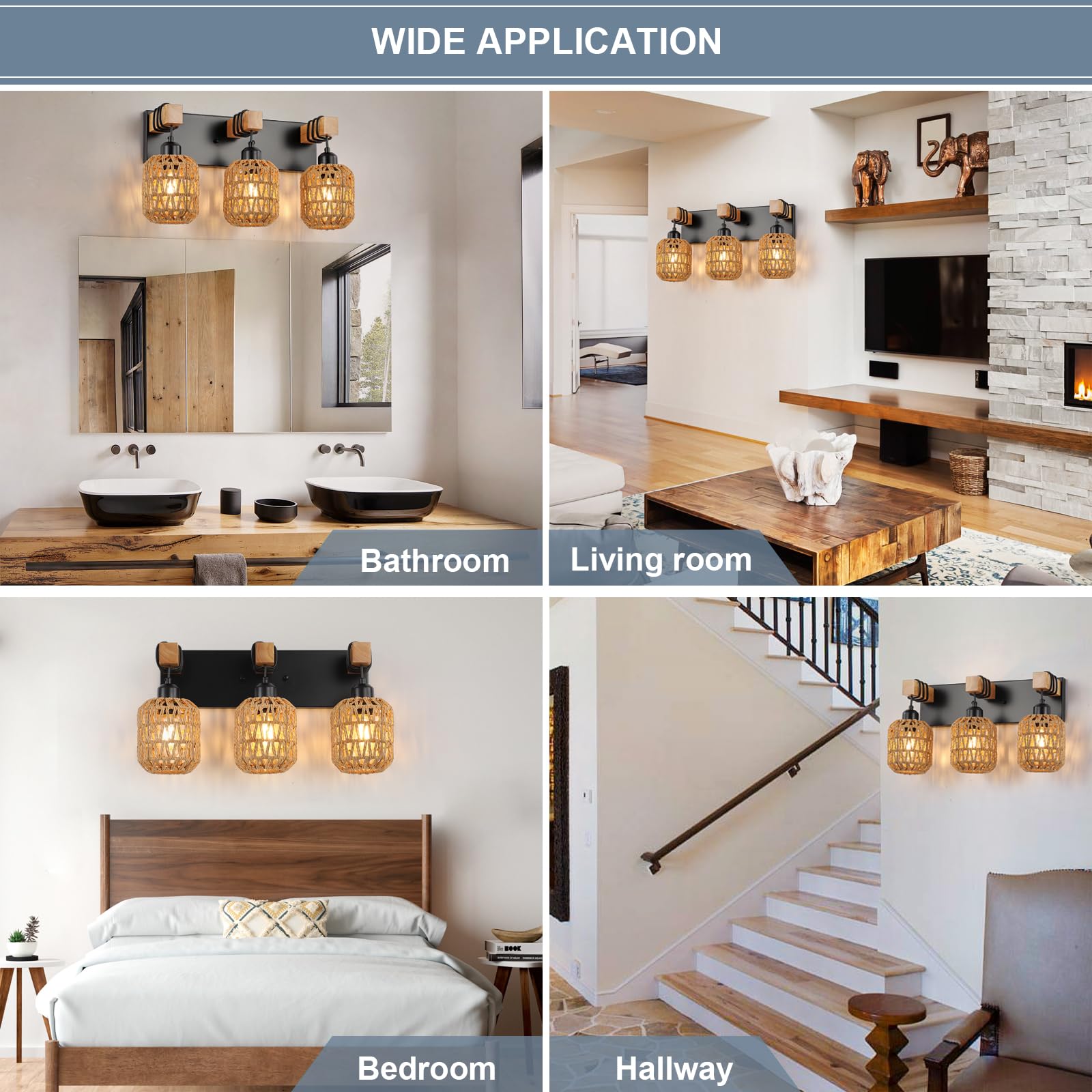 LmnLvn 3-Light Bathroom Vanity Light Fixtures, Rustic Wood Sconce with Boho Wicker Lampshade, Black, Model L8001