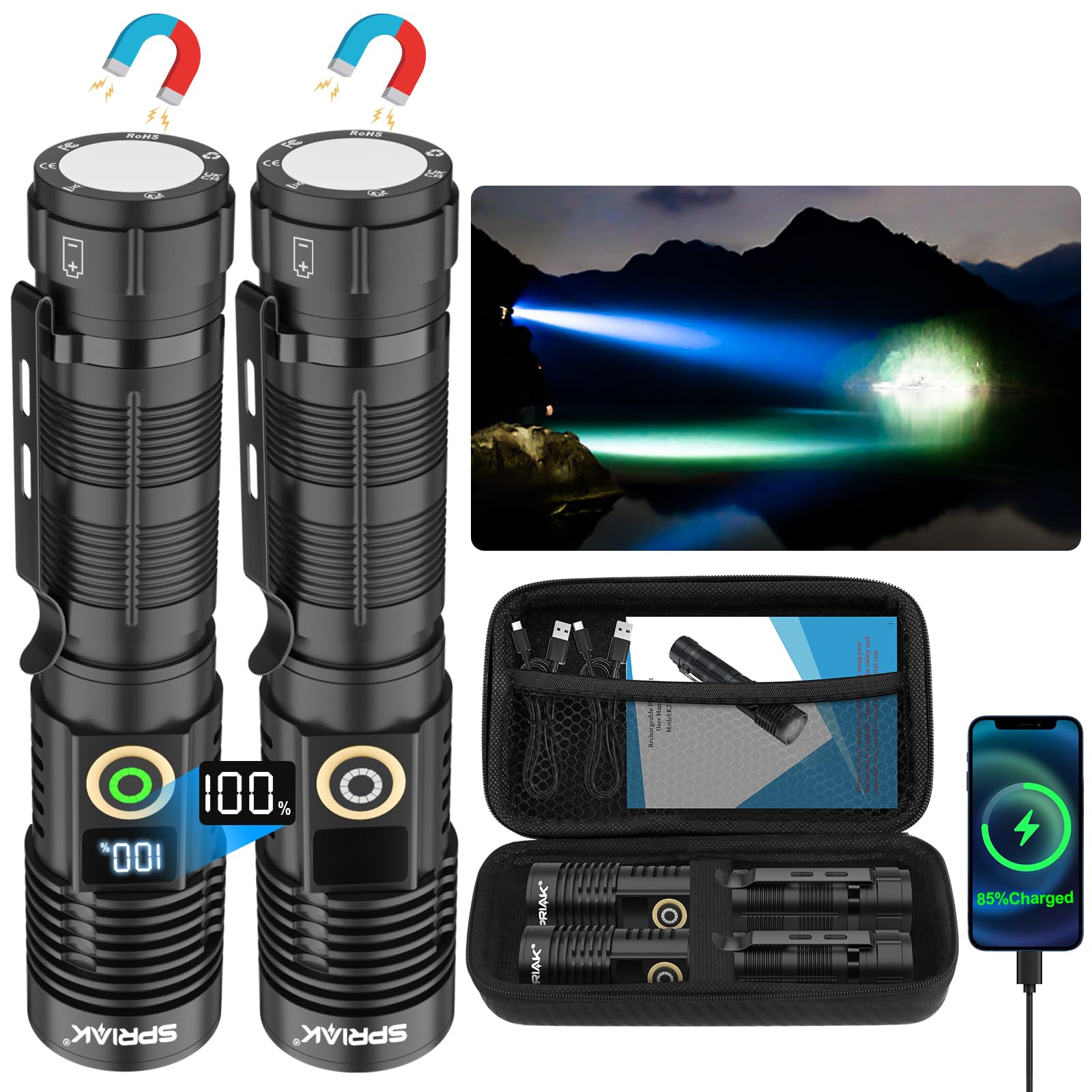 Rechargeable Flashlight High Lumens-12000LM Super Bright Magnetic Flash Light with Power Digital Display,3280Ft Long Range,Dimma