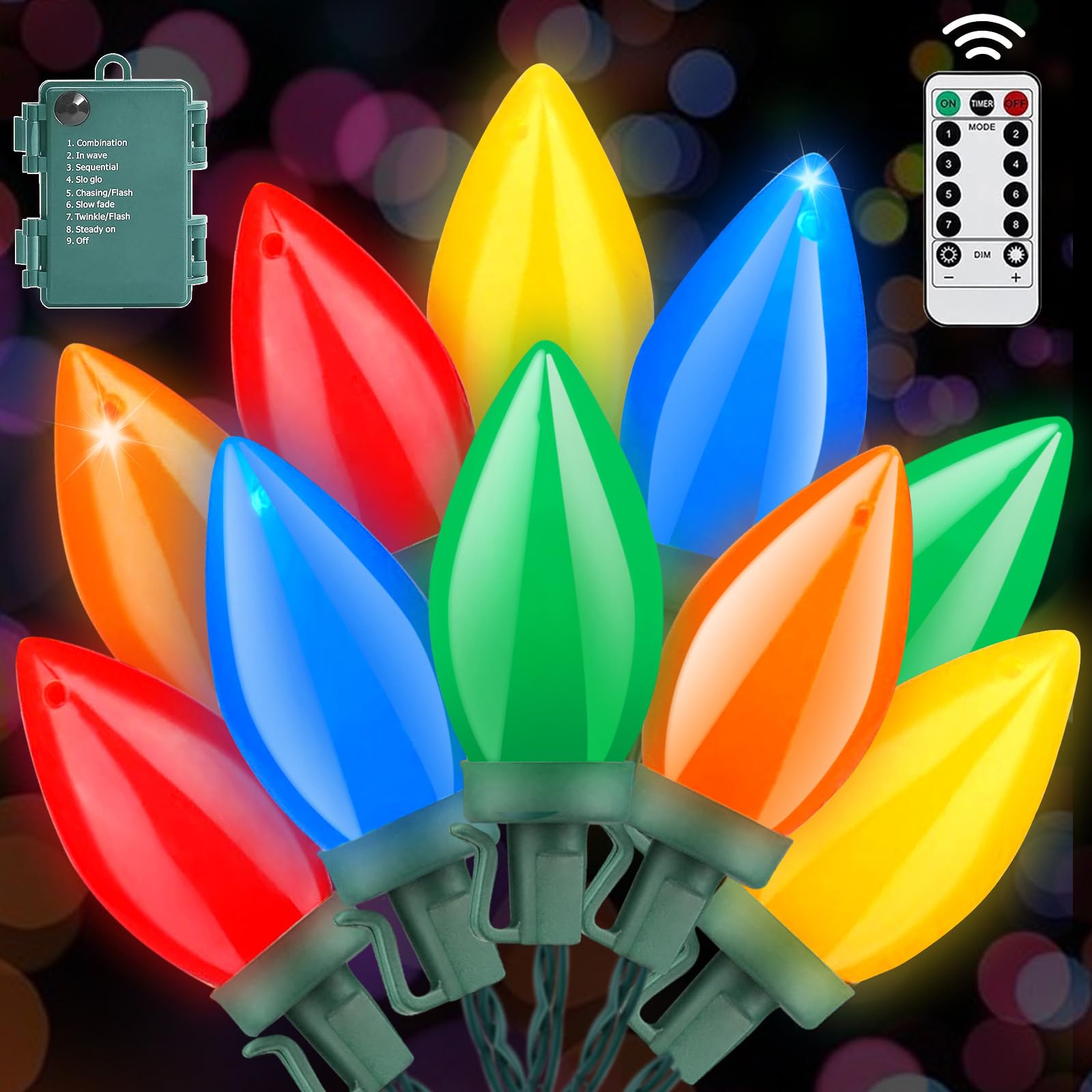 Olixmlya 50 LED C9 Christmas Lights Battery Operated 26.5Ft C9 Christmas String Lights Christmas Battery Lights Timer 8 Lighting Modes for Indoor Outdoor Xmas Tree Garden Patio Party Christmas Decor