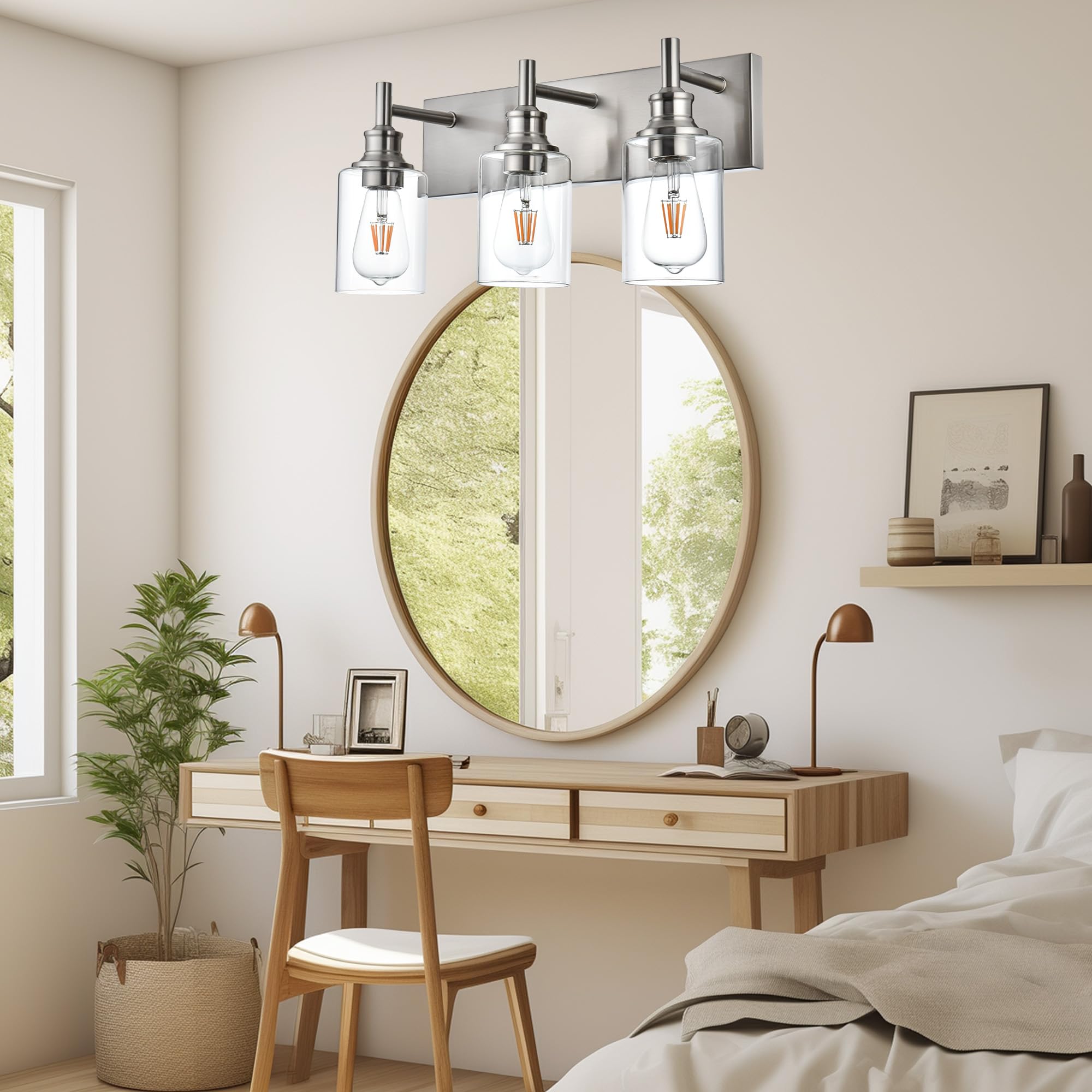 Wanluce 3 Light Bathroom Vanity Light Brushed Nickel Bathroom Lighting Fixtures Over Mirror, Modern Bathroom Light With Clear Gl