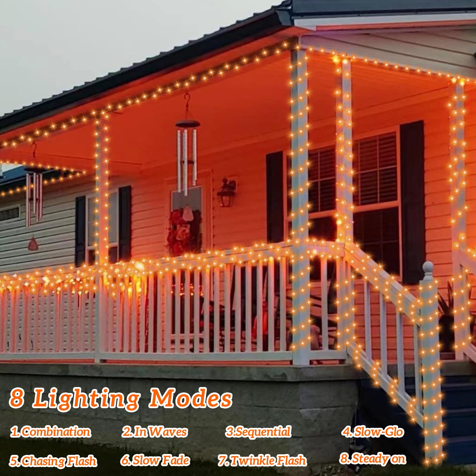 Qitong Orange Solar Halloween Lights Outdoor Waterproof, 2 Pack Each 66Ft 200 Led String Lights, Silver Wire Orange Lights For H
