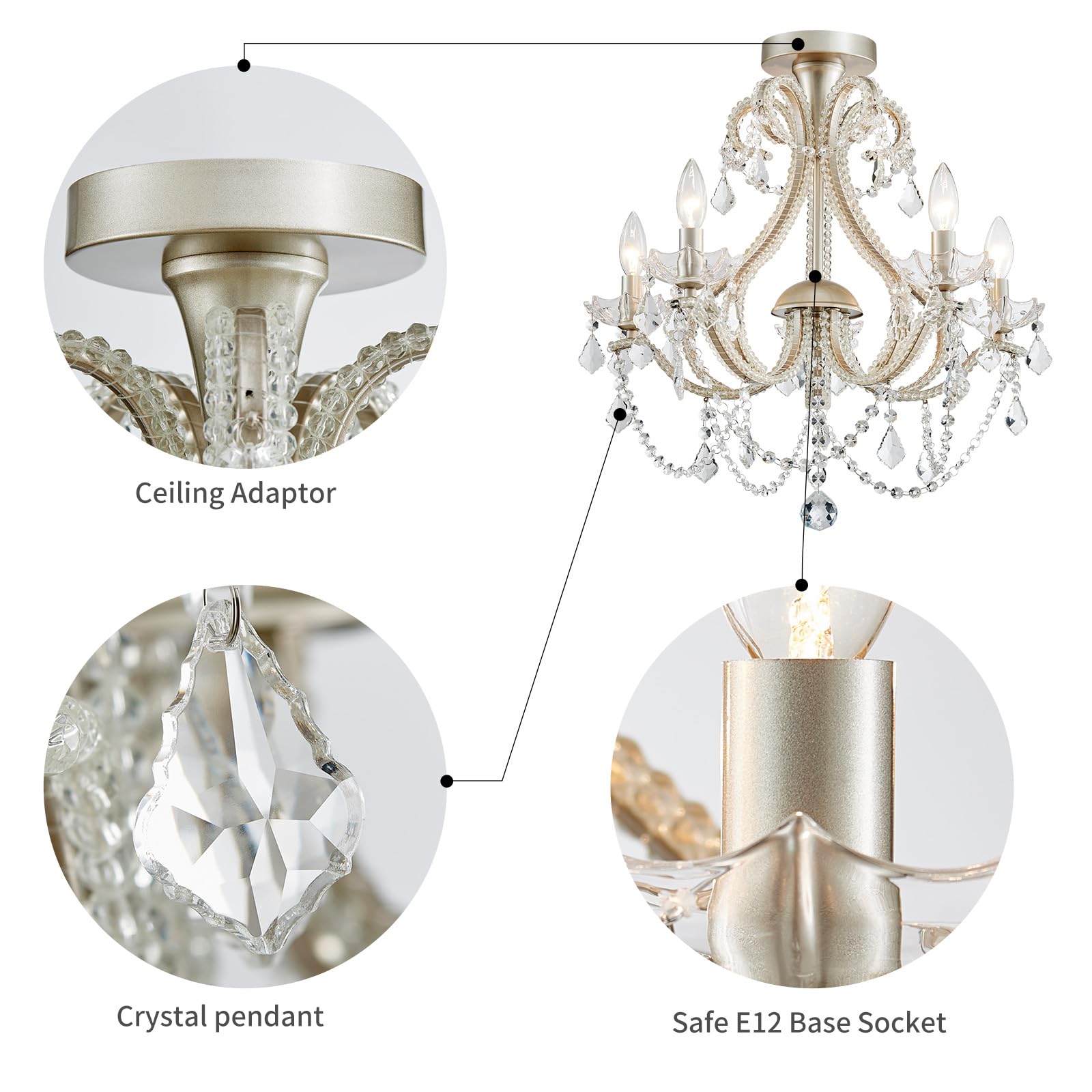 WUZUPS 5-Light Crystal Candle Chandelier, Brushed Nickel, 20.9" H x 22" W, Metal Flushmount Ceiling Light for Bedroom, Hallway, Kitchen, Bathroom