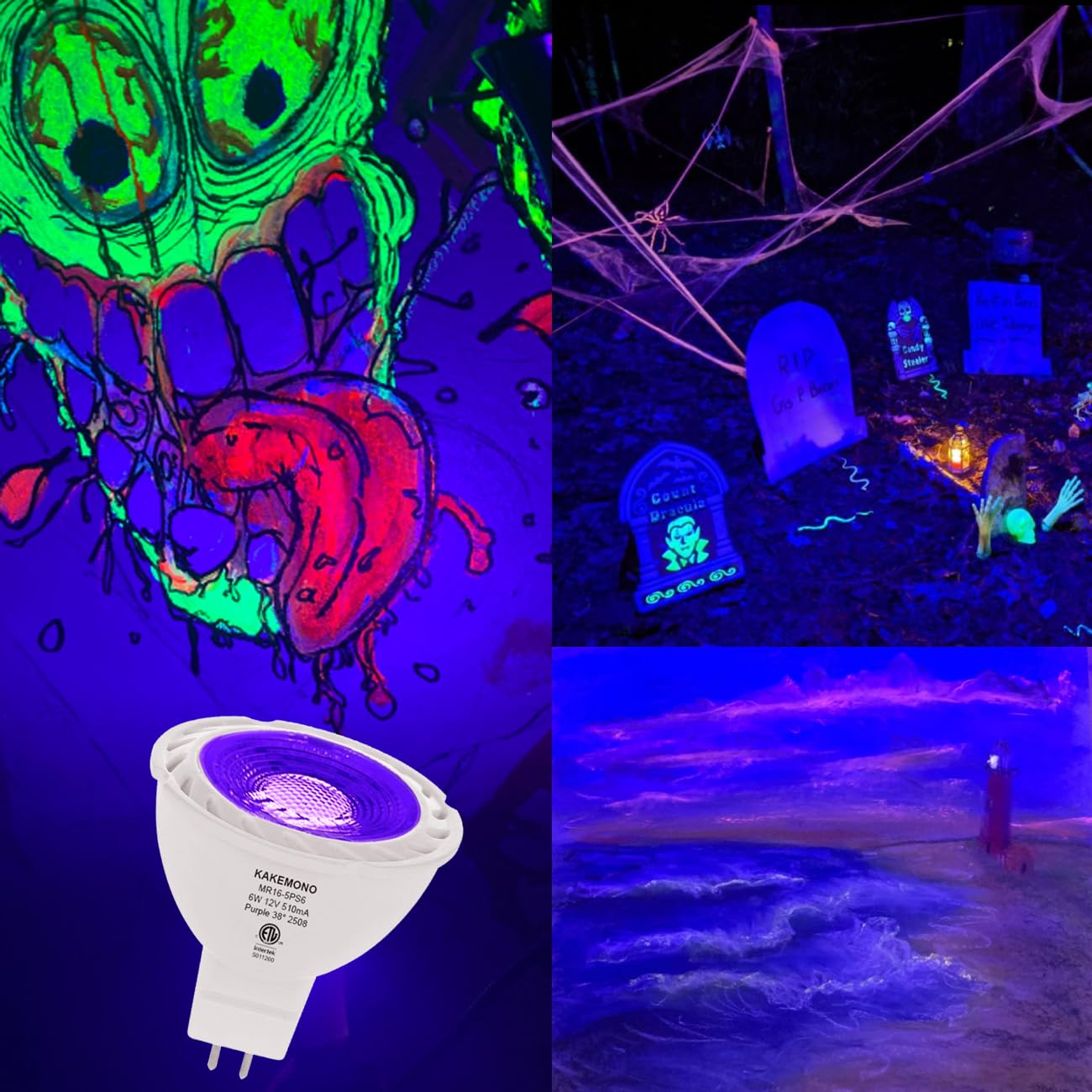 Kakemono Purple Black Light Mr16 Gu5.3 Led Bulbs 6W 12V Low Voltage Mr 16 Blacklight Bulbs For Halloween Holiday Outdoor Landscape Yard Party Decoration Lighting Pack Of 6