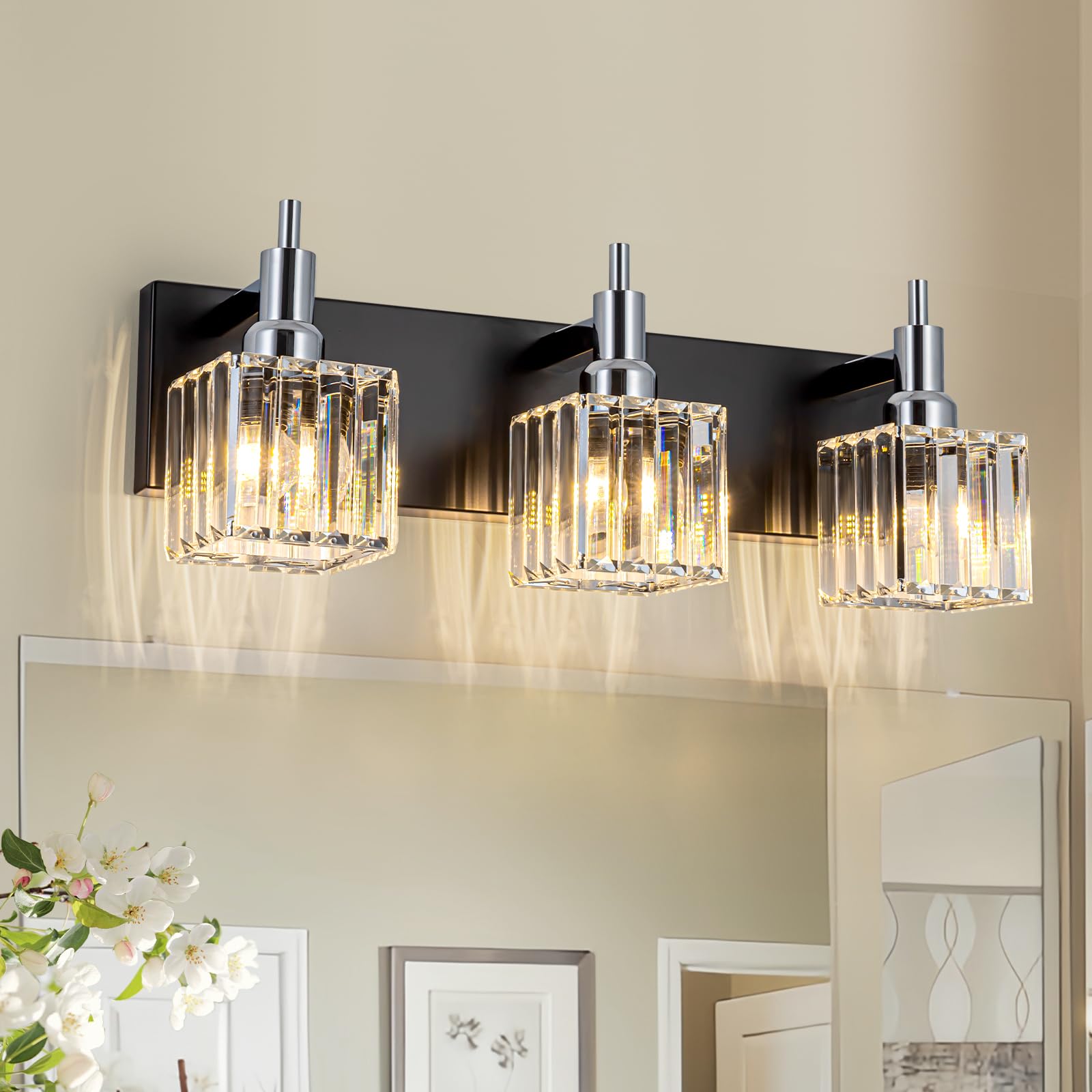 HUOKU Bathroom Vanity Light, Modern 3-Light Fixture, Black Chrome with Crystal Square Shade