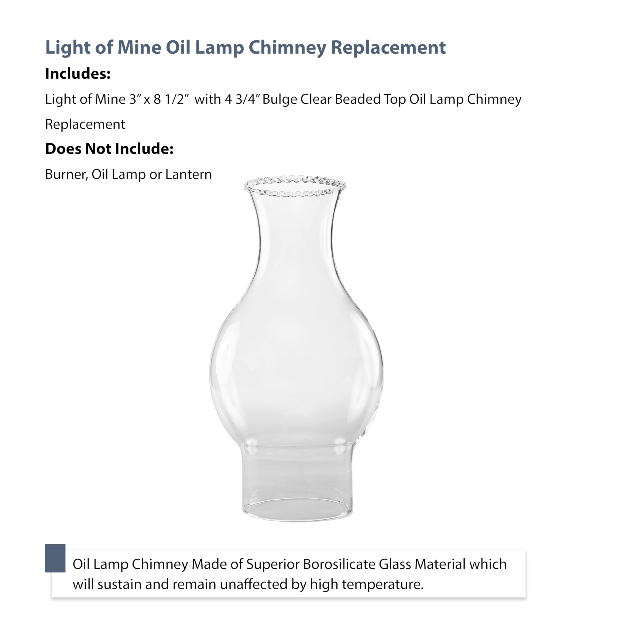 Light Of Mine - 3&quot; X 8.5&quot; Chimney With 4.75&quot; Bulge And Beaded Top Oil Lamp Replacement Chimney (3&quot; X 8 1/2&quot; With 4 3/4&quot; Bulge)