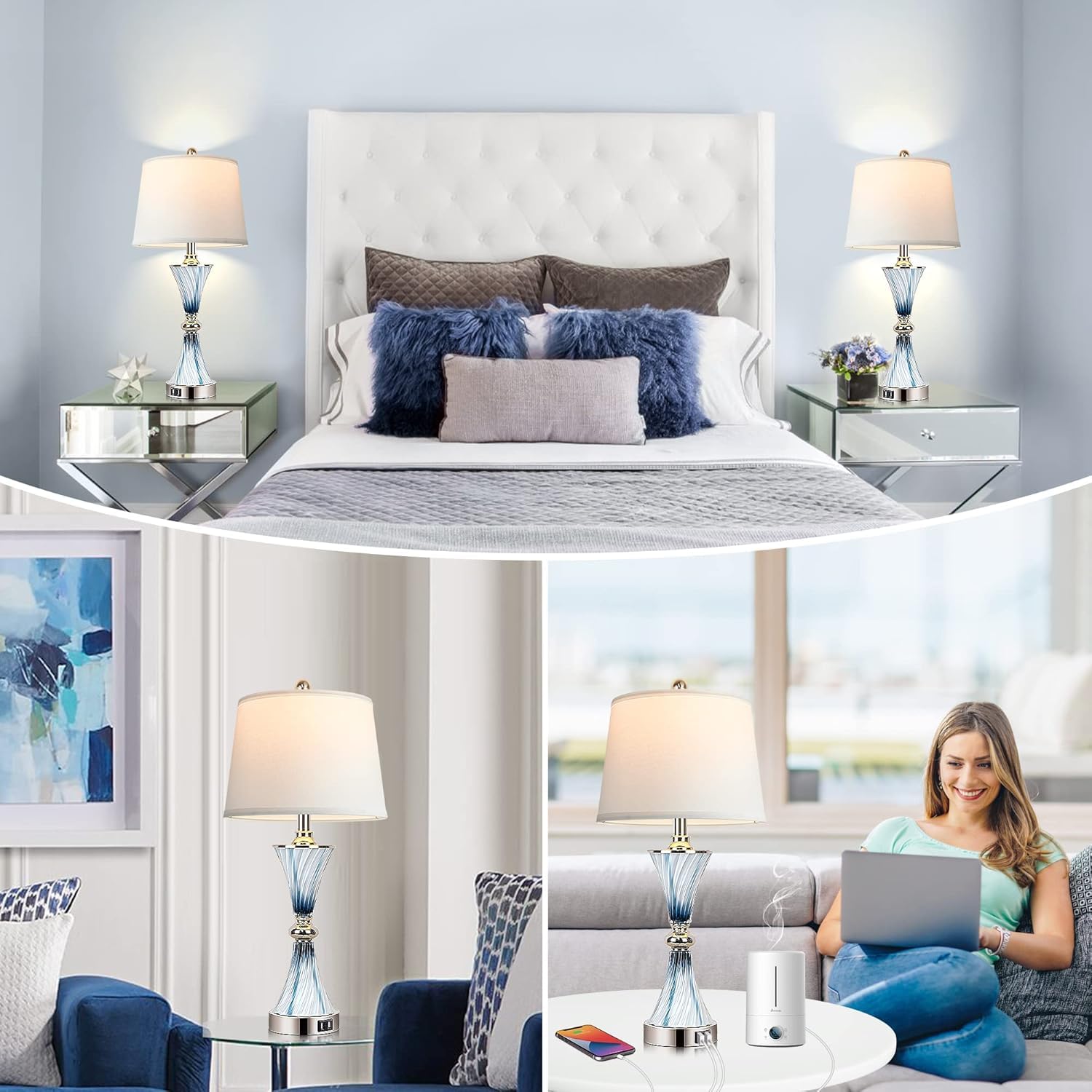 Hamucd 3-Way Dimmable Touch Glass Table Lamps For Bedrooms With 2 Usb Ports Set Of 2 Coastal Beach Bedside Lamps For Contemporary Modern Night Stand Lamps With 2 Led Bulbs For Lighting Decor