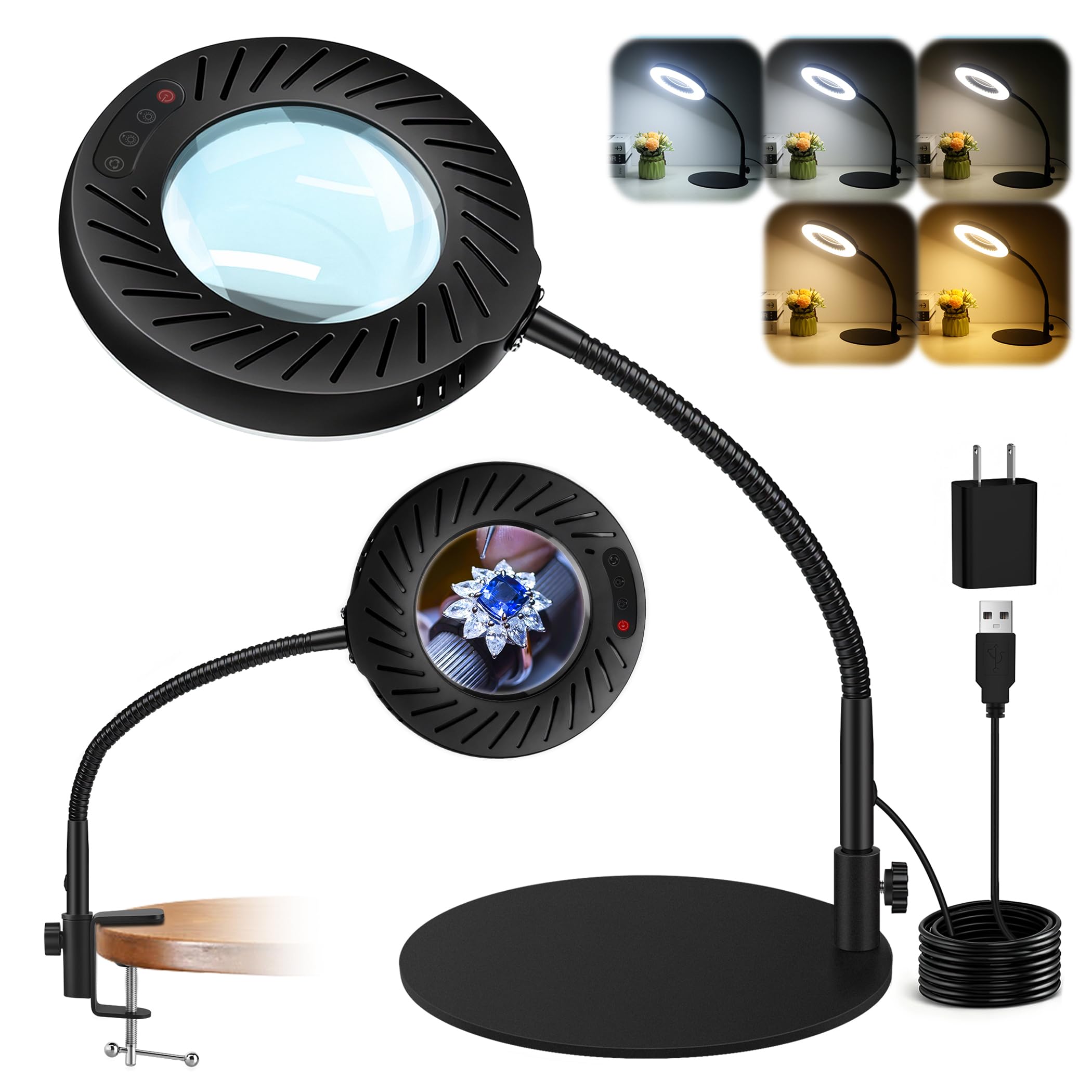 12X Magnifying Glass with Light and Stand, 5 Color Modes, 9 Dimmable Levels, Hands Free Flexible Gooseneck Magnifying Lamp, 2-in