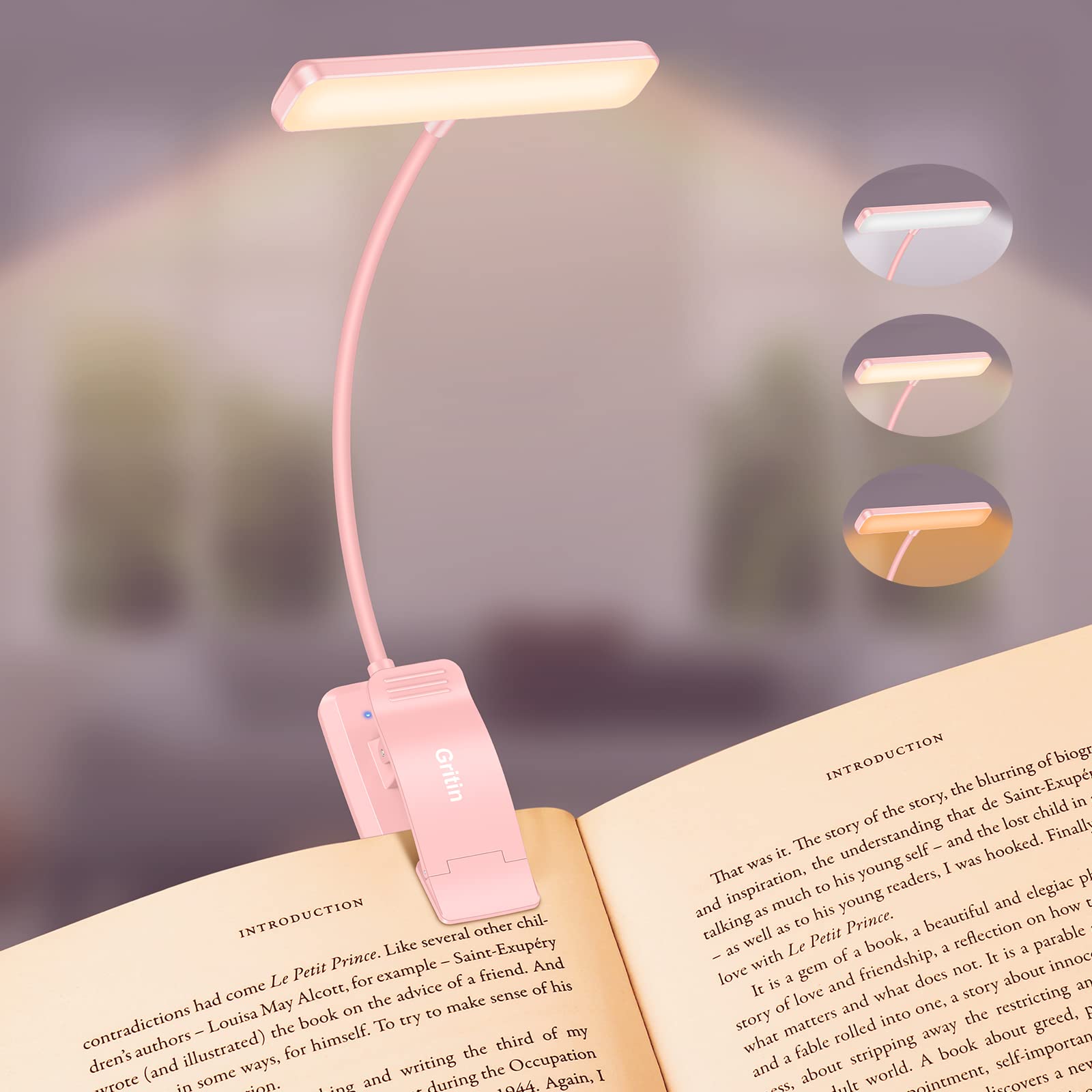 Gritin 19 LED Rechargeable Book Light - 3 Color Temperatures, Stepless Dimming, 80 Hrs Runtime, Clip-On, Pink