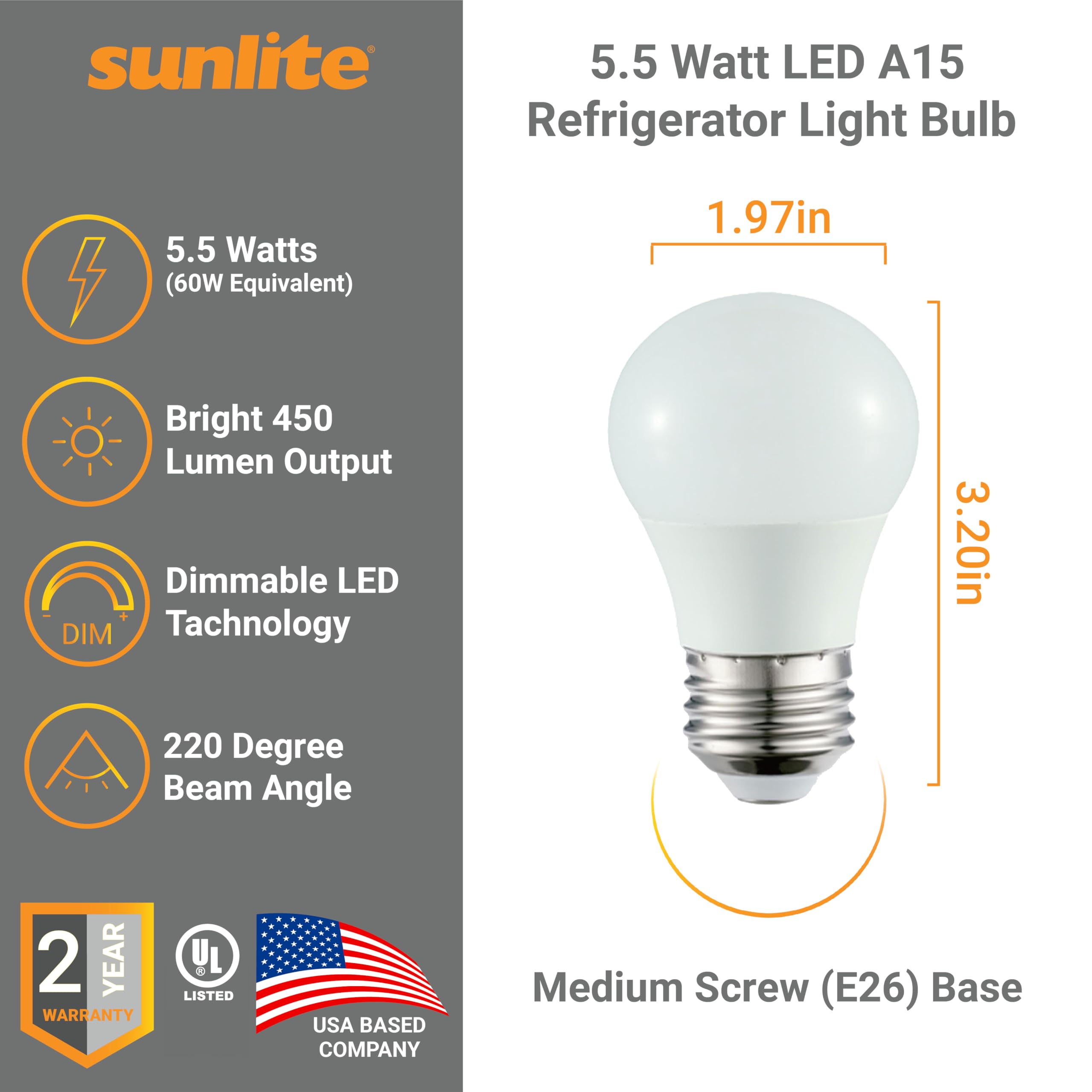 Sunlite Led A15 Refrigerator Light Bulb, 5.5 Watts (40W Equivalent), 450 Lumens, Medium Base (E26), Dimmable, Frosted Finish, Ul