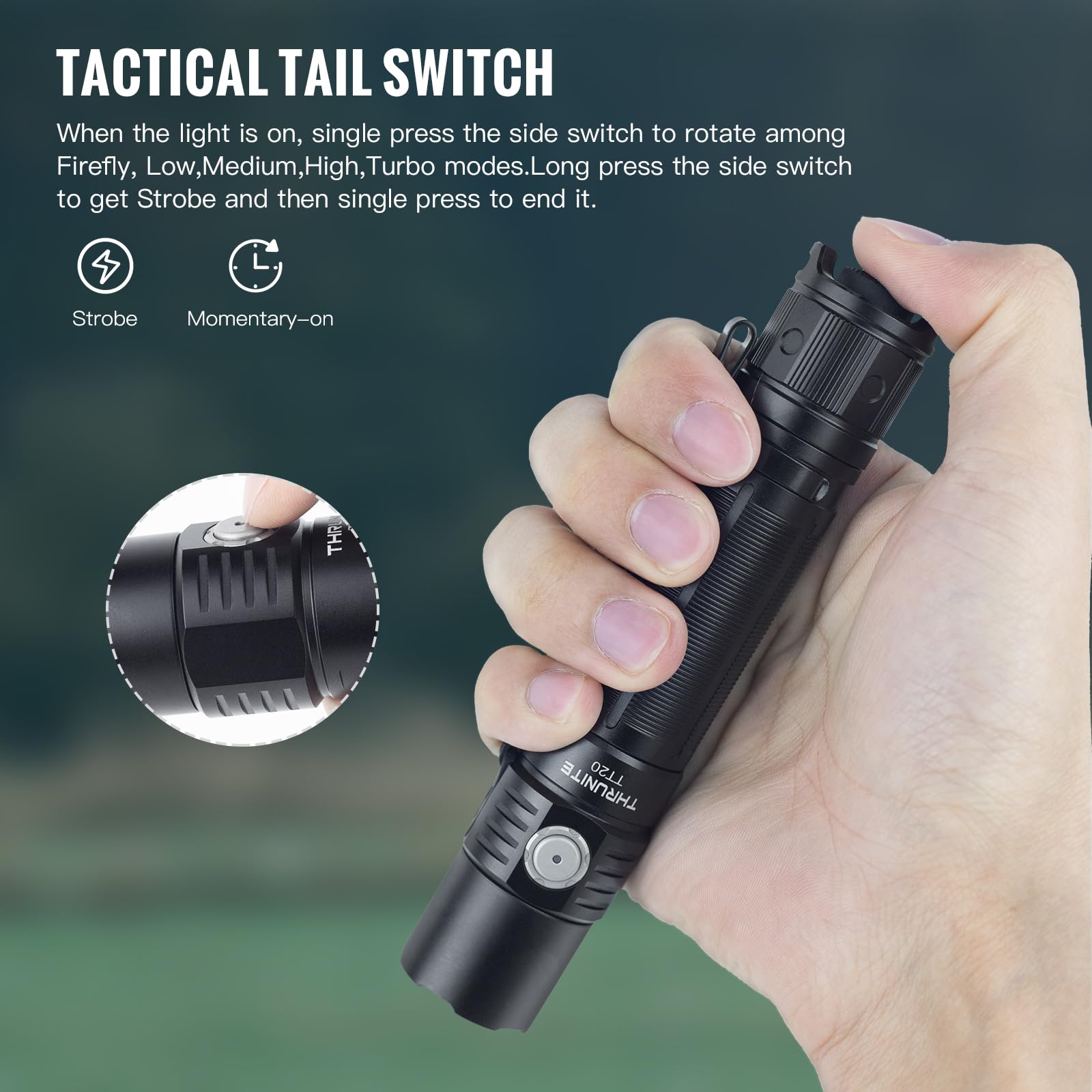 ThruNite TT20 Tactical LED Flashlight - 2010 Lumens, 305m Beam, USB-C Rechargeable, Compact for Hunting & Hiking, Black CW