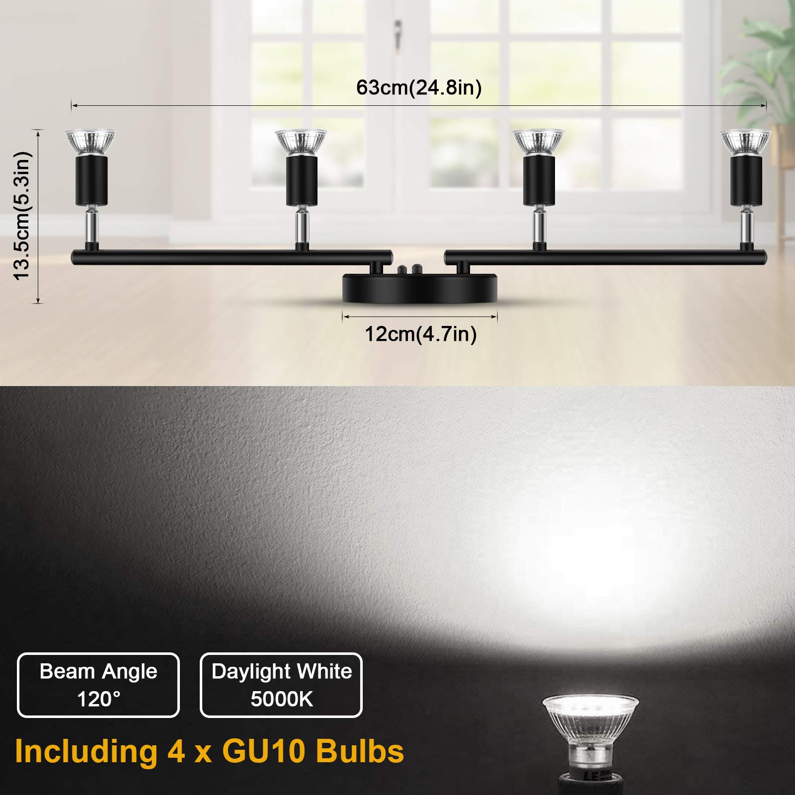 Ascher 4-Light Led Track Lighting Kit, Flexibly Rotatable Light Heads, 4 Way Ceiling Spotlight Black Finish, Including 4 Gu10 Le