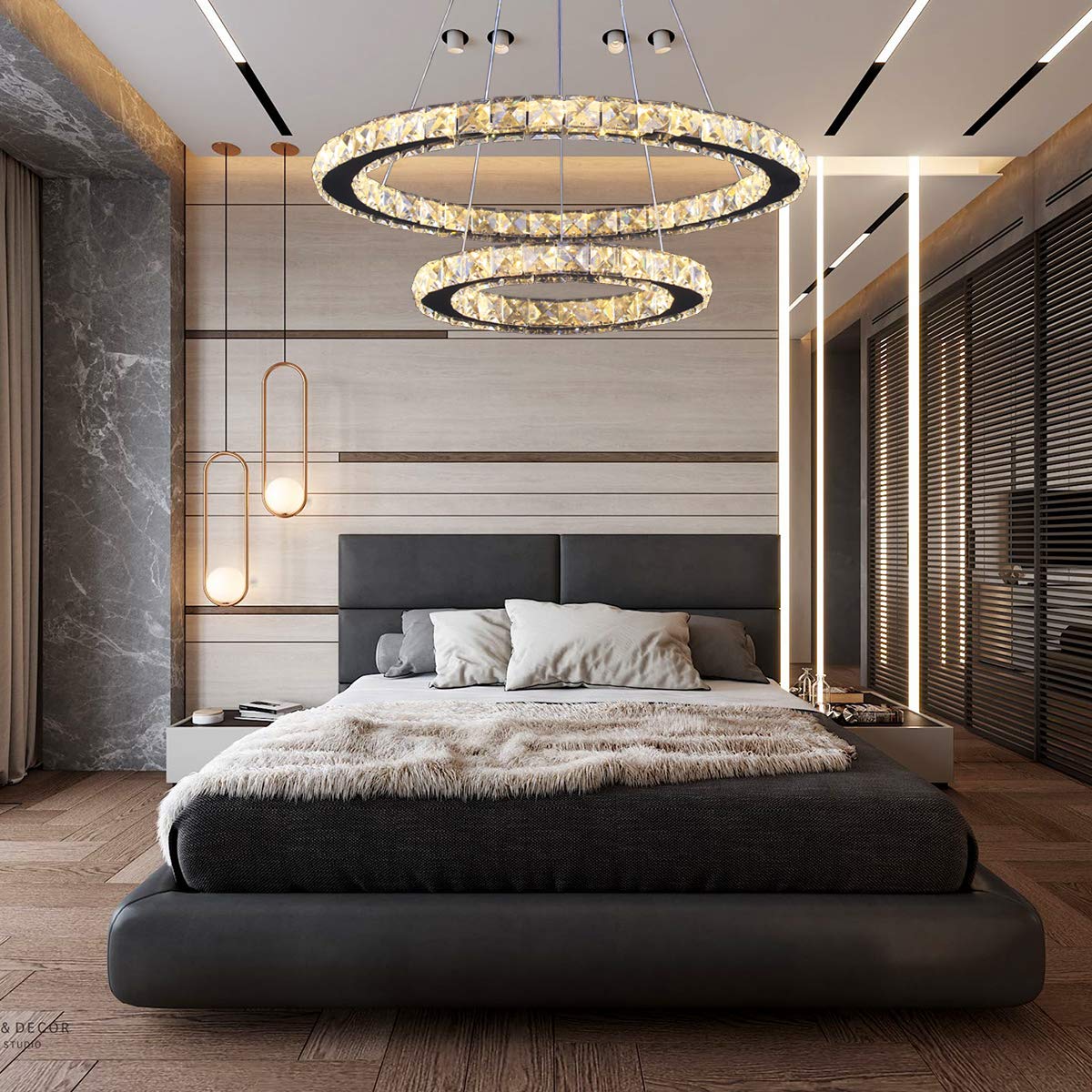 Led Chandelier Modern Contemporary 2 Rings Pendant Light Adjustable Stainless Steel Crystal Ceiling Lighting Fixture For Bedroom