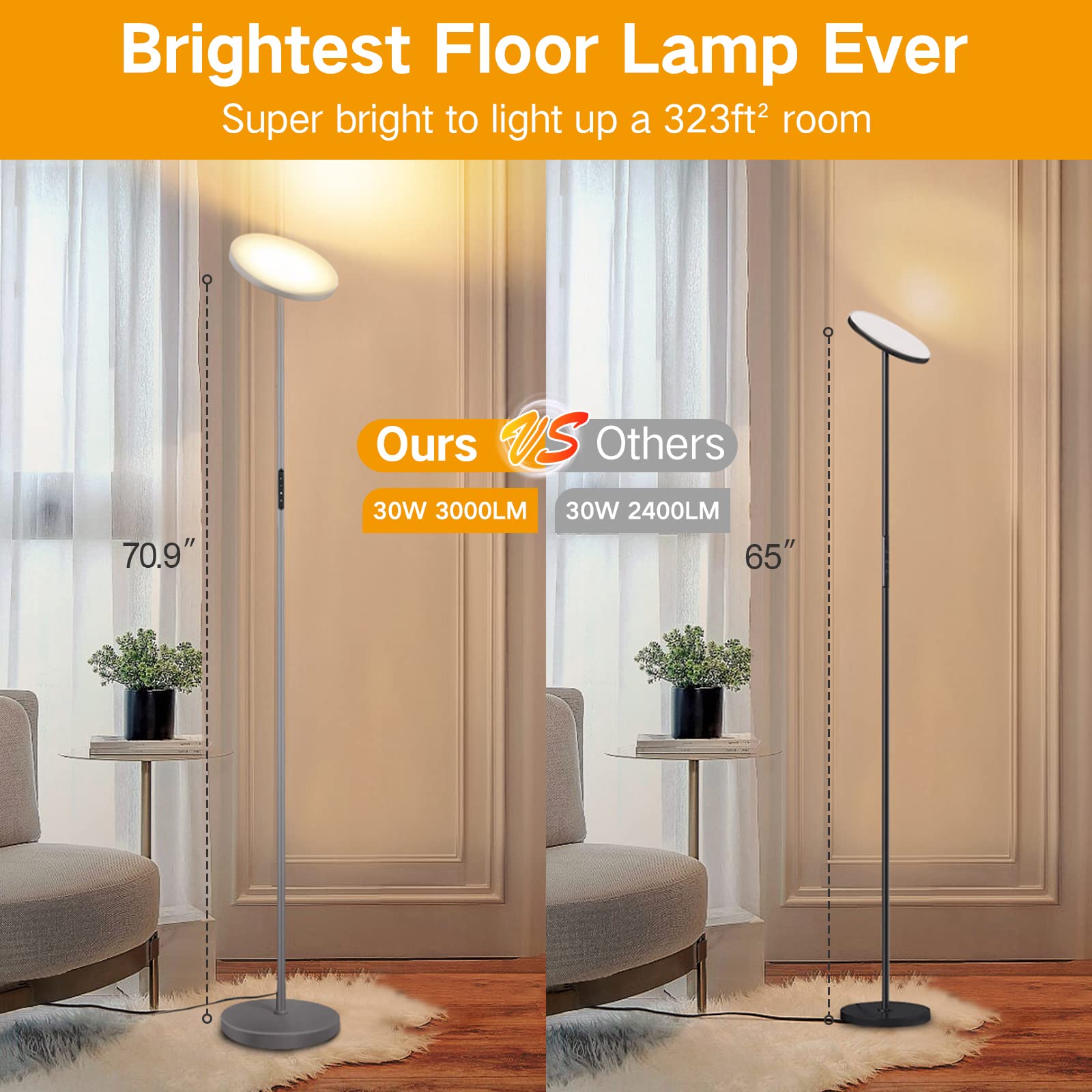 OUTON Modern LED Floor Lamp, 30W/3000LM, Dimmable, 4 Color Temperatures, Remote Control, Silver Grey, Model H10005-SGY-US