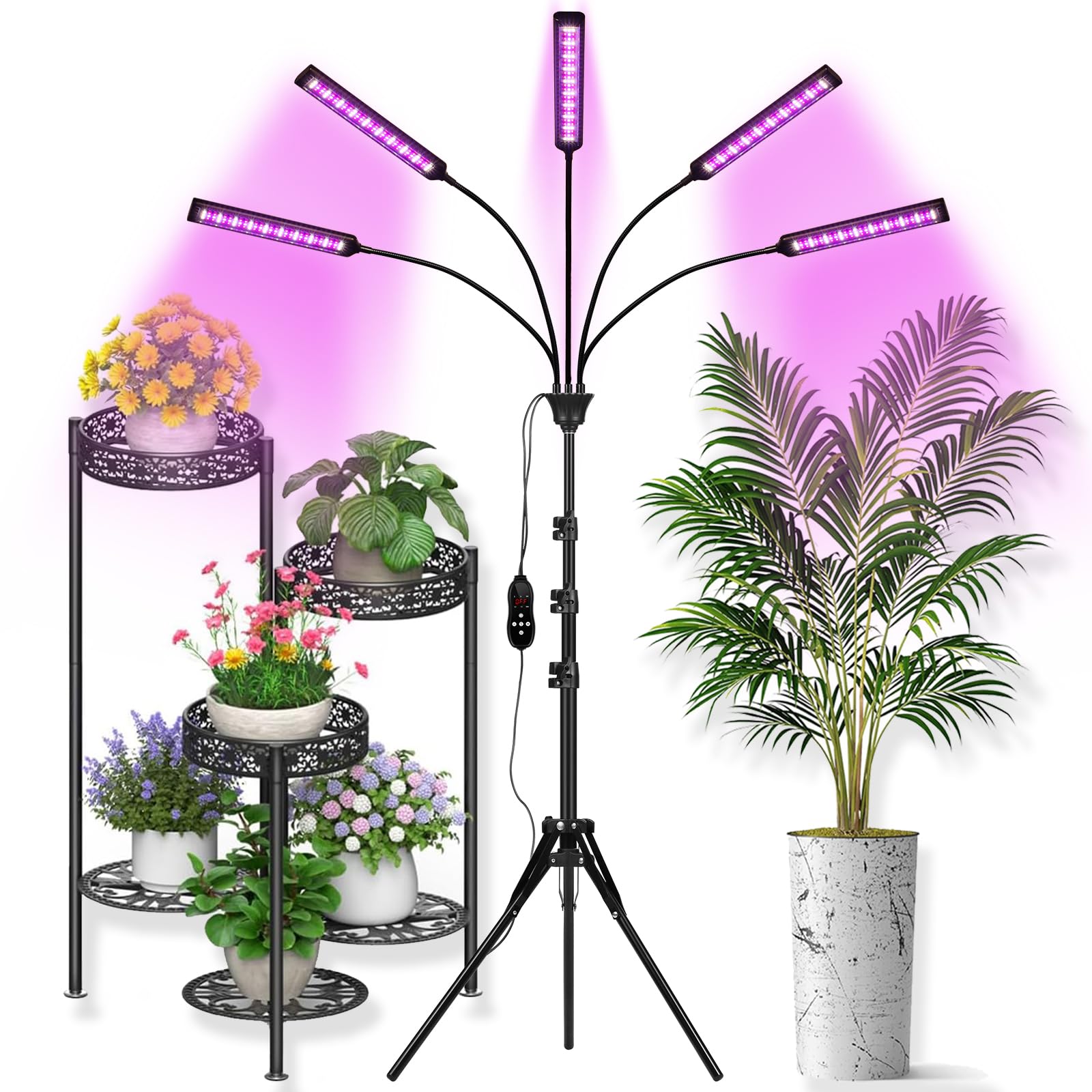 Yehsence Grow Lights for Indoor Plants 5 Heads, Full Spectrum Plant Lights for Indoor Growing with Tripod Stand, Auto On/Off Tim