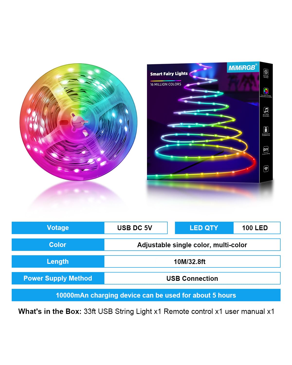Mimirgb Smart Color Changing Christmas Lights,33Ft 100 Led Usb Fairy Lights With App Control,12 Scenes And Music Sync Led String Light For Room Indoor Christmas Tree Decoration