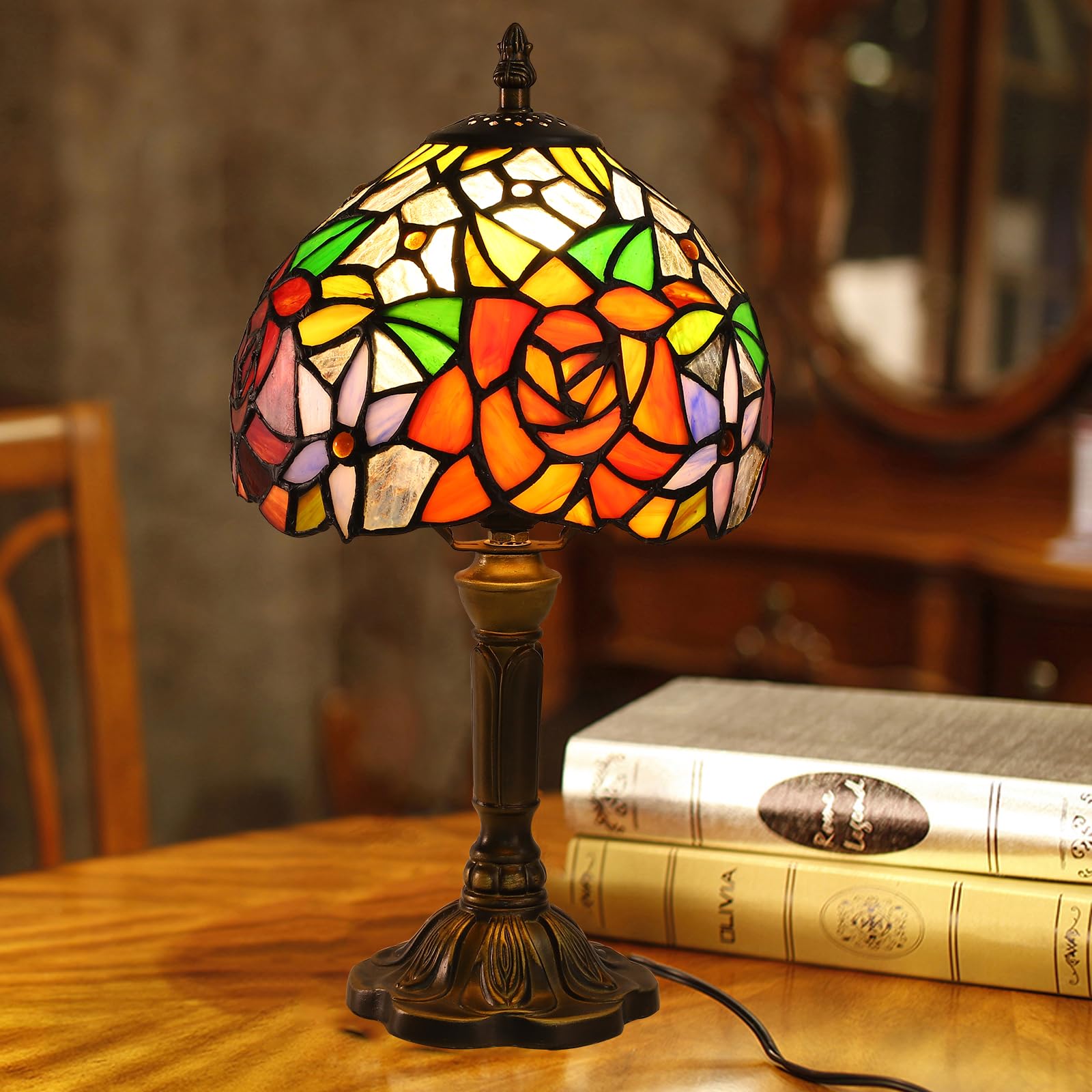 Fumat Rose Tiffany Small Table Lamp For Bedroom Bedside Nightstand Table Lamps For Living Room 3 Way 3 Color Temperatures Led St