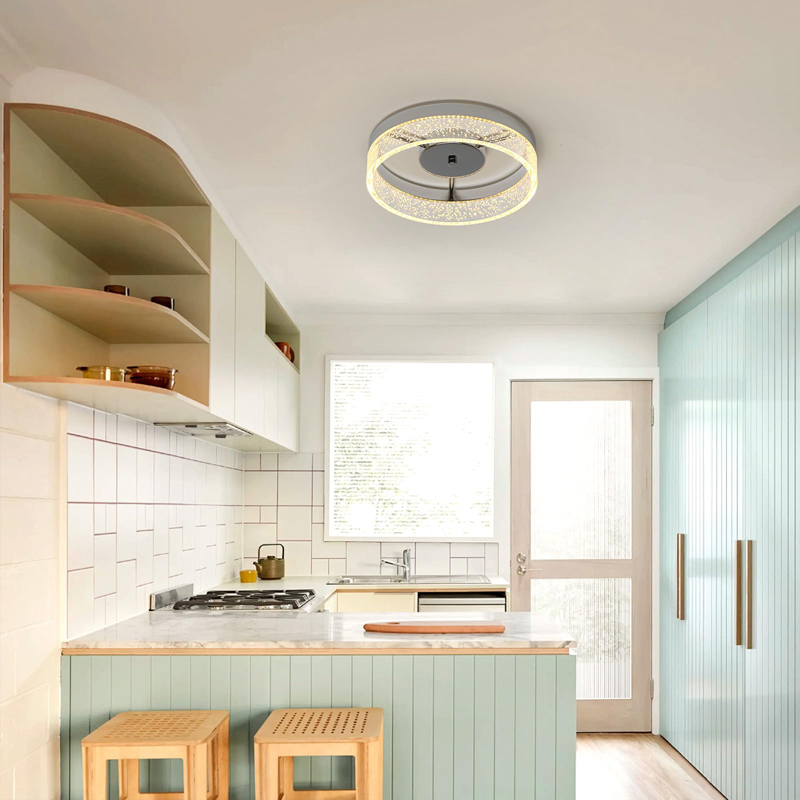 Jaycomey LED Flush Mount Ceiling Light, 11.6in  Round, Dimmable, Acrylic Seed Lampshade, Brushed Nickel, Model MX0790-CH