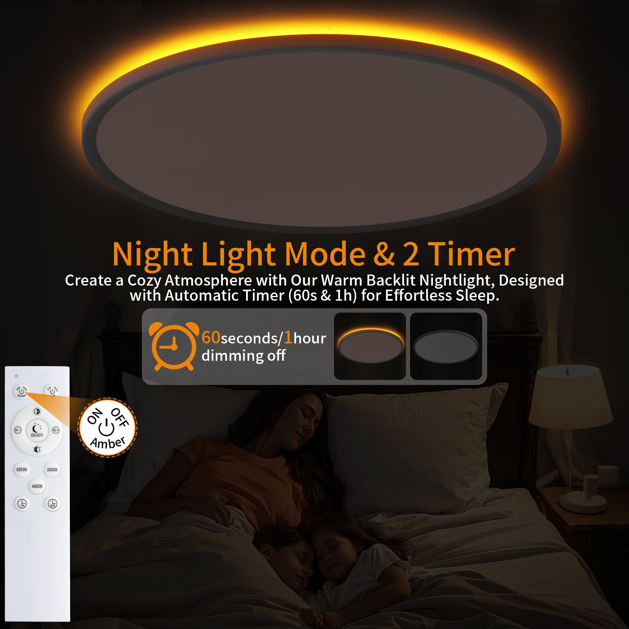 UprizeP Flush Mount Ceiling Light, 23in, 54W, 5400LM, Dimmable 3000-6500K, Night Light, White, Model LT016