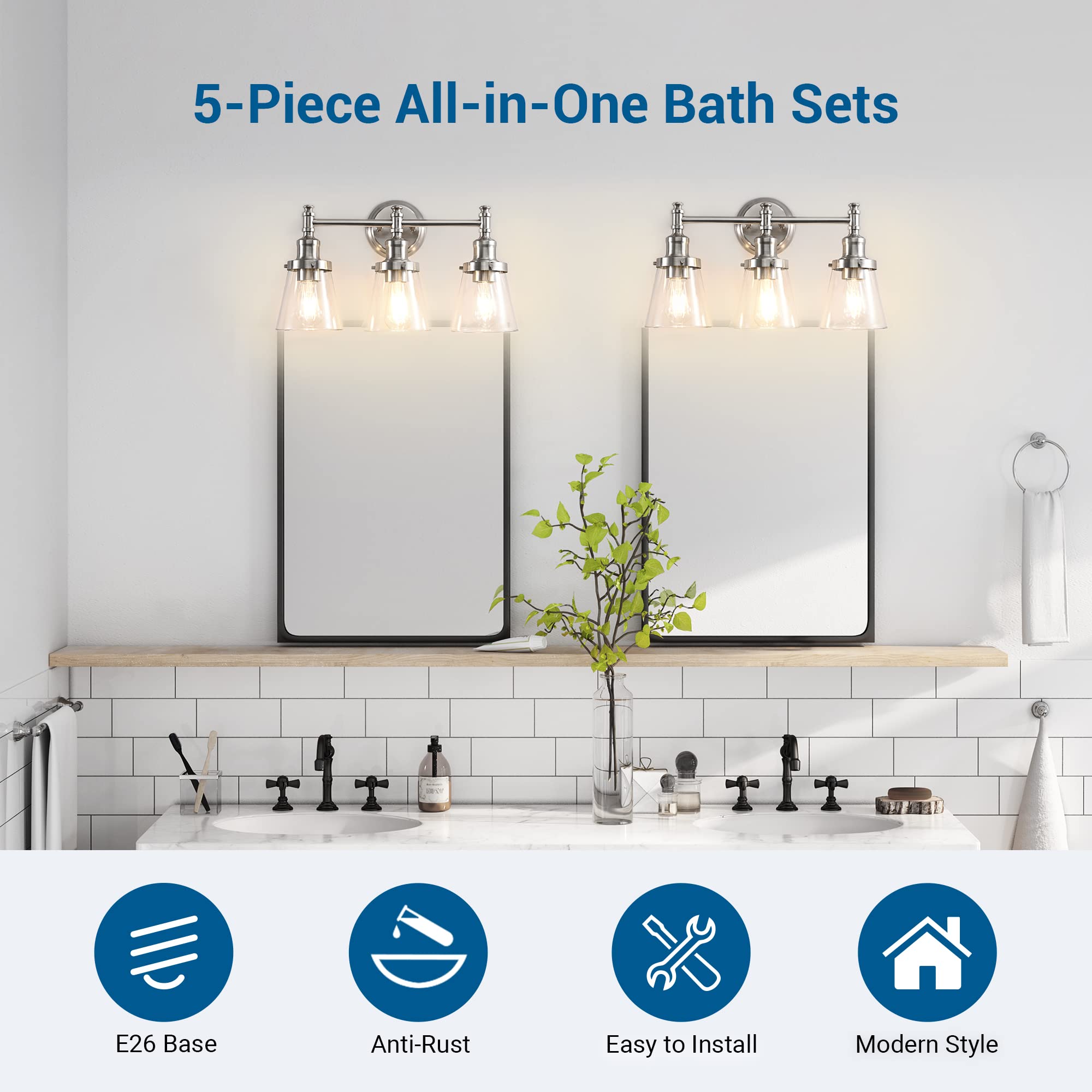 DEWENWILS Bathroom Light Fixtures Set, 5-Piece, 3 Light Brushed Nickel, Metal with Glass Shades, Model HHVL01E