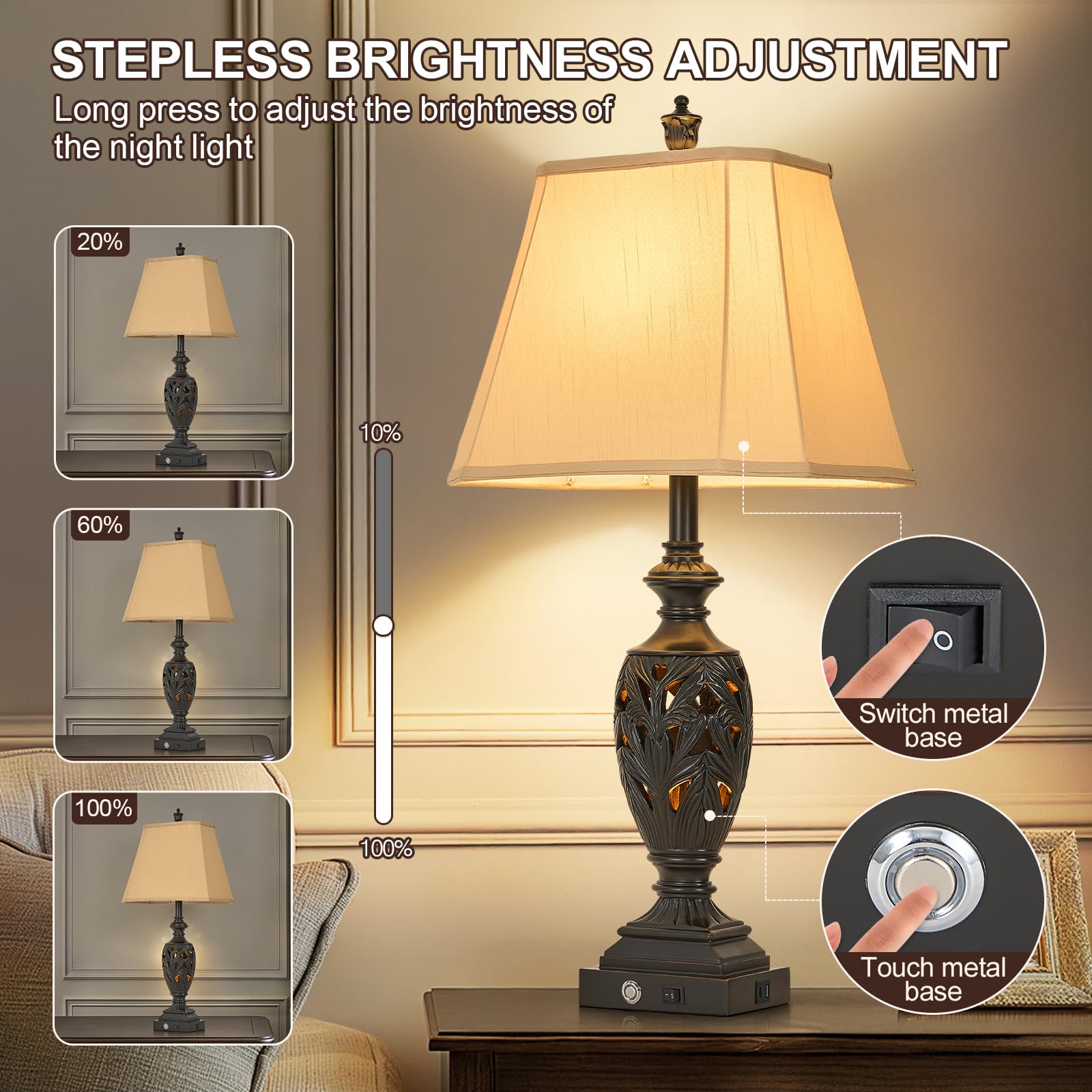 AIDENOEY Touch Traditional Table Lamp Set of 2, 29.5" Black Gold, USB Ports, Vintage Design for Living Room & Bedroom