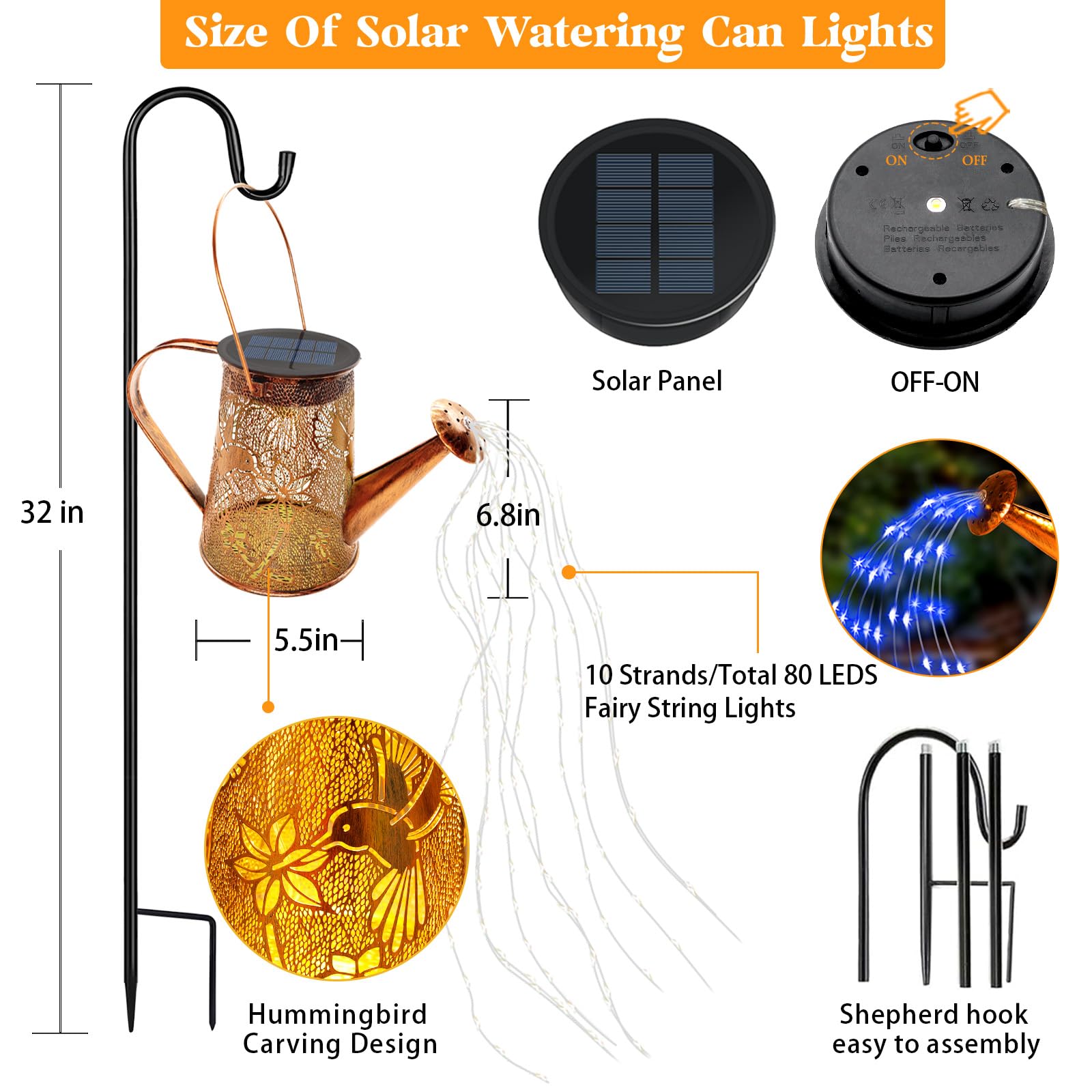 YJFWAL Solar Watering Can Lights, Hummingbird Design, Metal, Waterproof, Blue, 1-Pack Garden Decor for Outdoor Patio and Yard