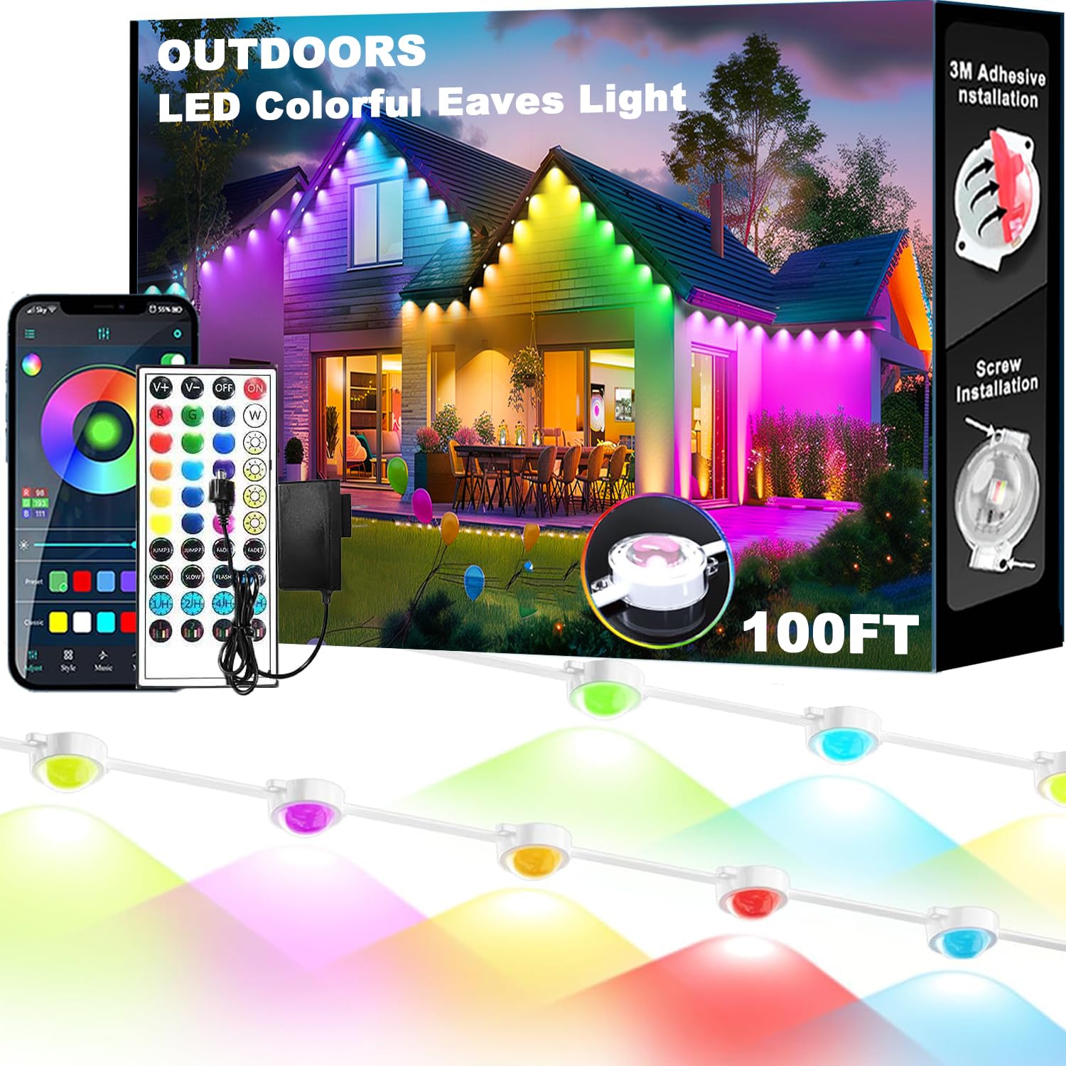EJs SUPER CAR Permanent Outdoor Lights  100ft Smart Eave Lights with RGB LED Light  IP67 Waterproof  App Control  DIY RGB Light for House Halloween Decorations