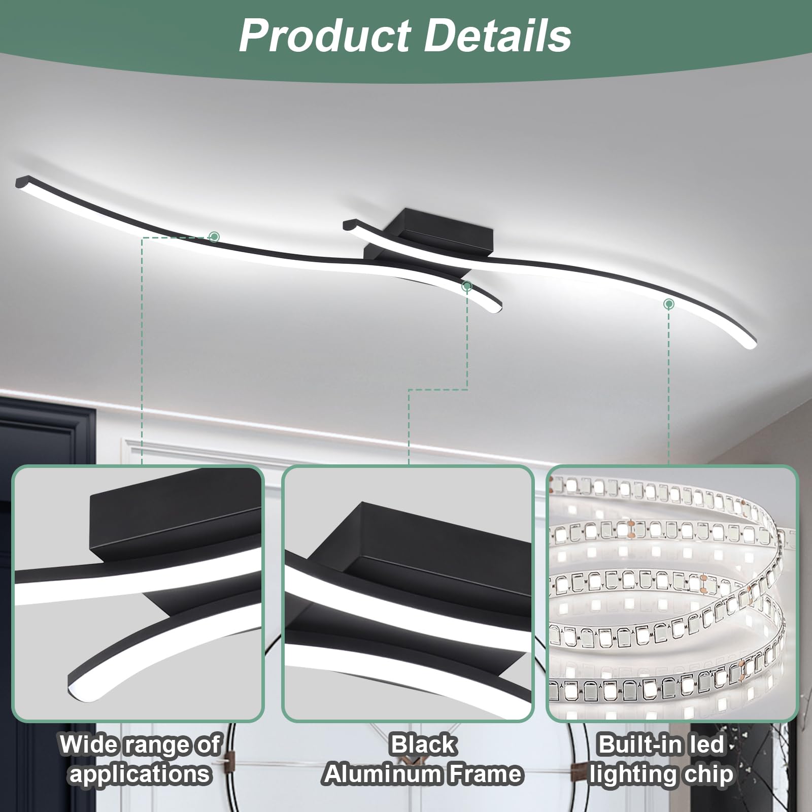 Hlilceh 28W Linear Ceiling Light Black Modern Led Ceiling Light Fixture 6000K Aluminum 39.37Inch Long Ceiling Lamp For Hallway,