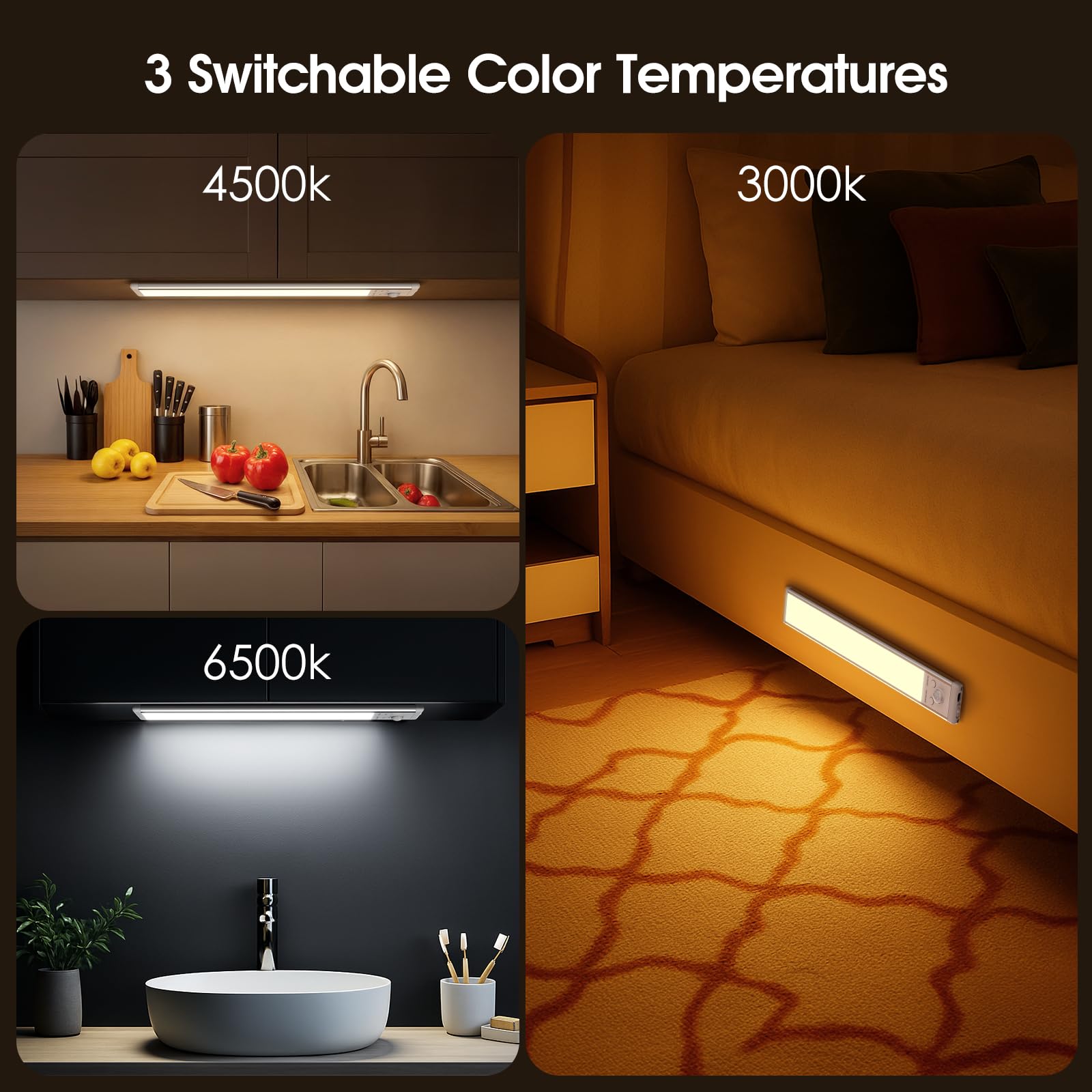 Chasesun LED Under Cabinet Lights, 9.6in Motion Sensor, USB-C Rechargeable, 3 Color Temperatures, 5 Pack, White, Model CB-X-24