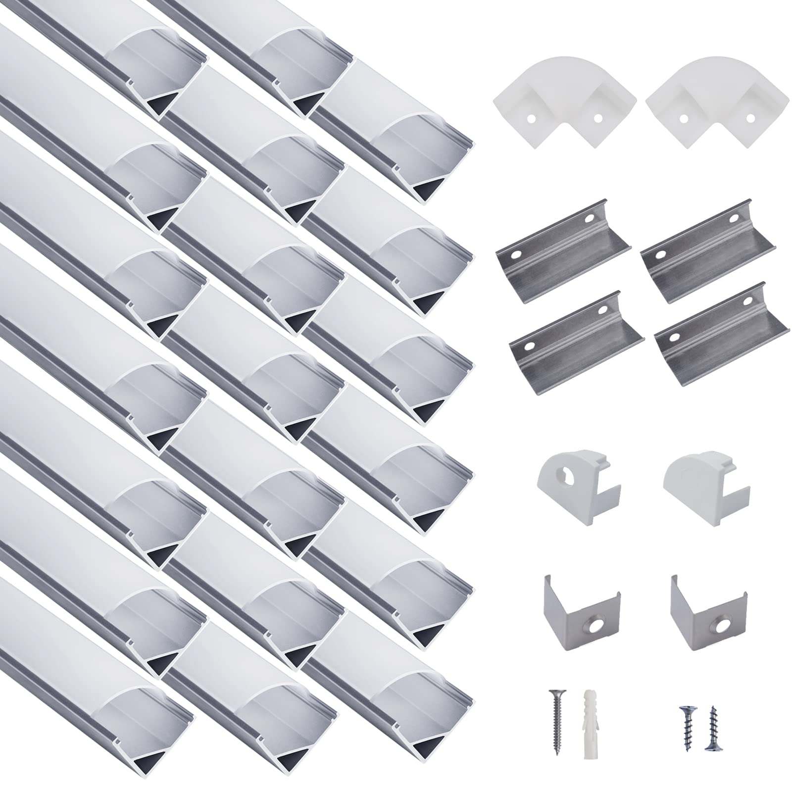 hunhun 20-Pack V Shape LED Aluminum Channel System, 3.3ft/1m, Silver, Model CH-01-6, with Milky Cover, End Caps, and Clips