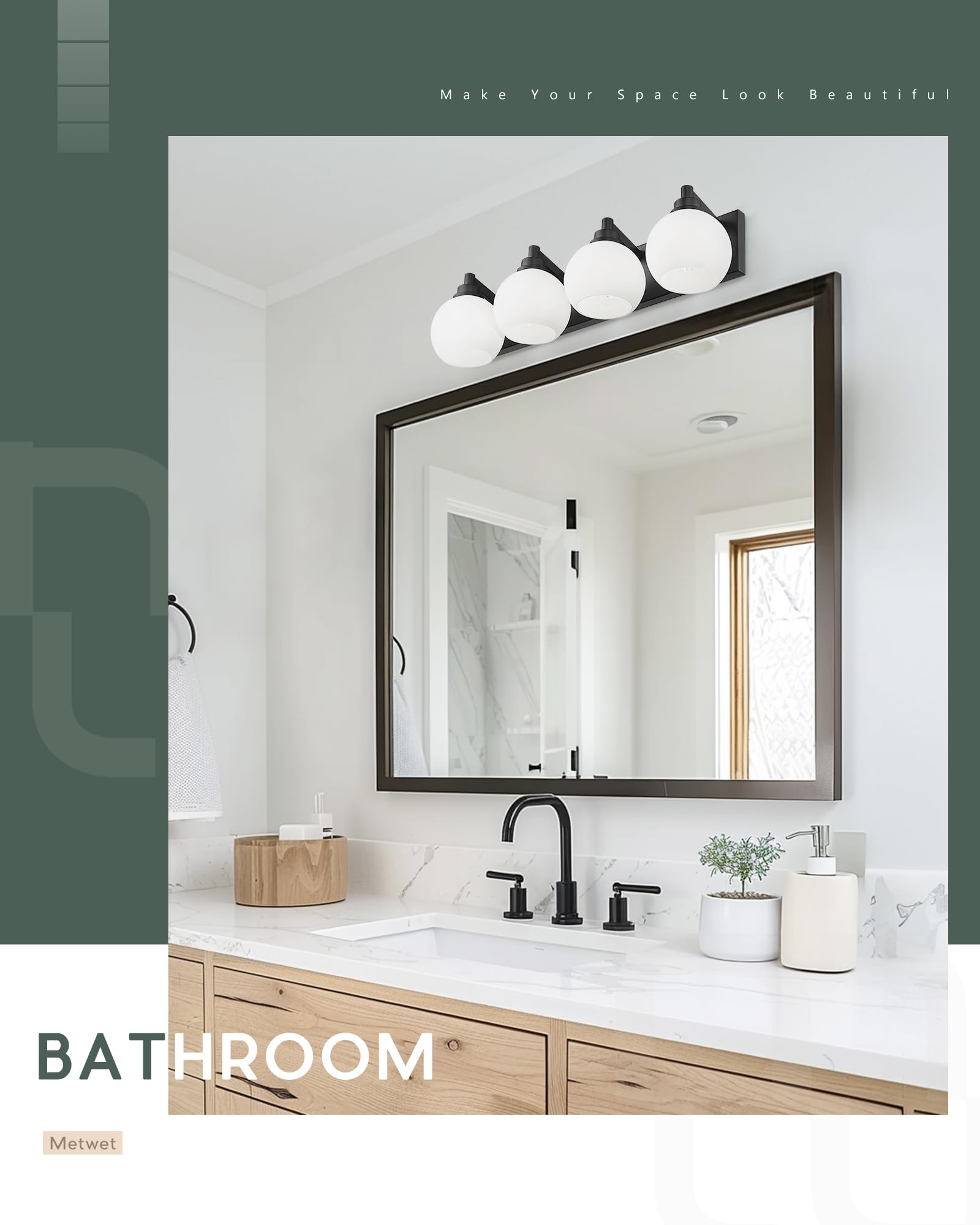 Metwet Bathroom Light Fixtures, 4 Light Matte Black Vanity Light, 26 Inch Modern Wall Sconces With Globe Milk White Glass Shade,