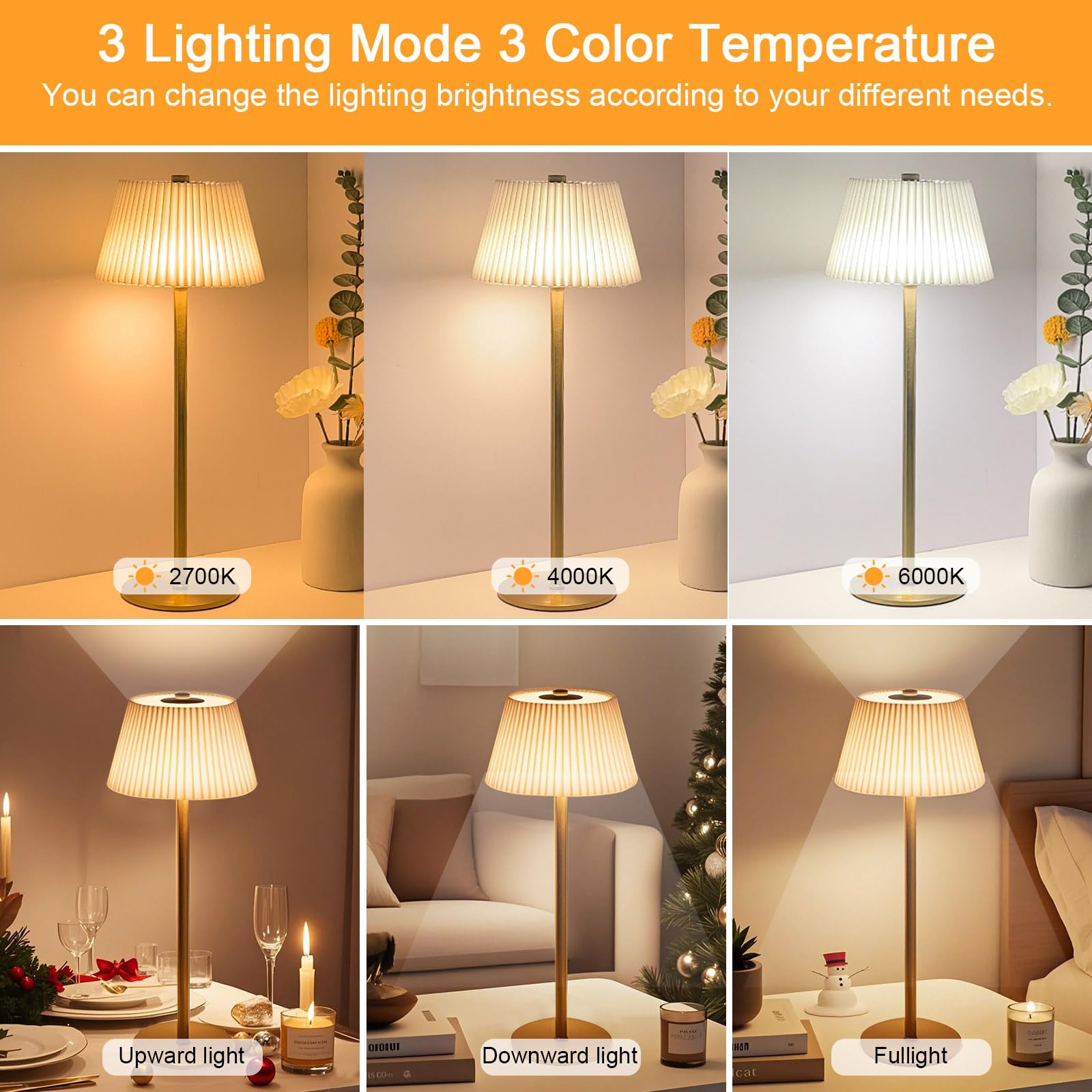Cordless Table Lamp Rechargeable Small, 4000Mah Led Desk Lamps Gold Fabric Pleated Shade Battery Operated Lamp With 3 Colors Ste