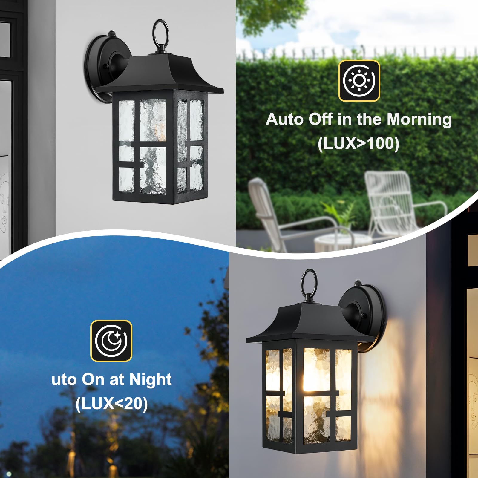 OKELI Outdoor Wall Lights, Waterproof Lantern with Water Ripple Glass Shade, 11.4in, Black, Model SWL-OK100, 1 Pack