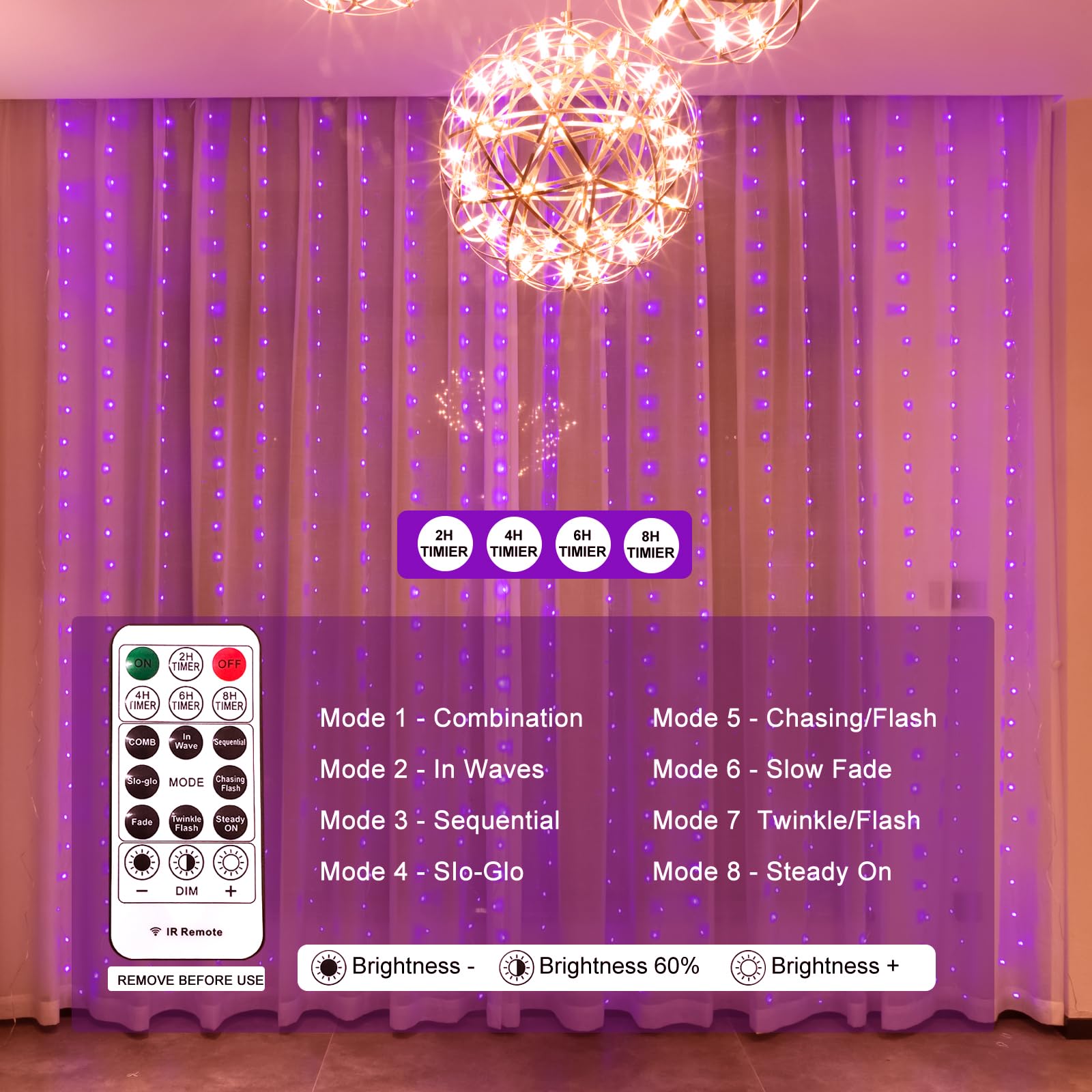 Sinamer Pink Curtain Light With Untangled Wires For Bedroom, 300Led 9.8Ft X 9.8Ft Window Fairy Curtain String Light With 16 Hooks, 8 Models Remote Control For Wedding Party Home Garden Indoor Decor