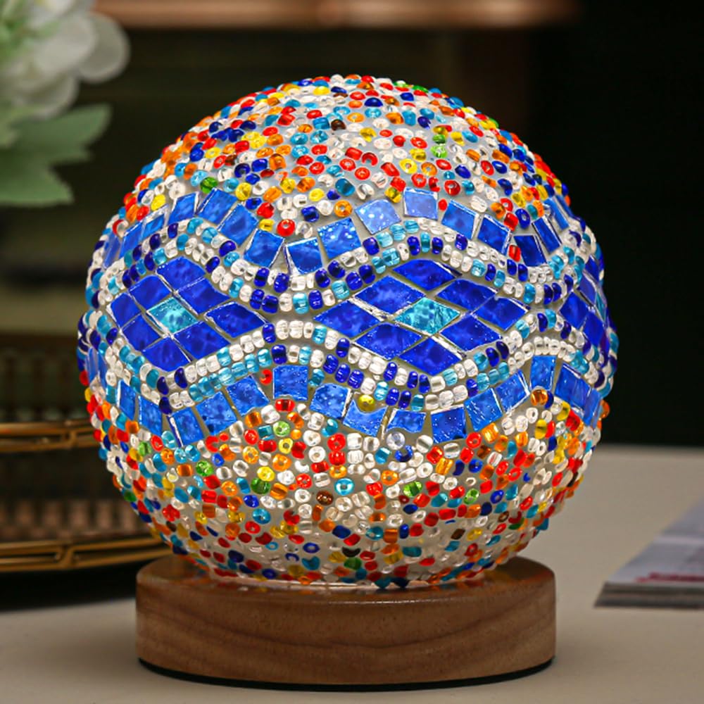 HAIDOLIANG Boho Lamp Mosaic Glass Table Lamp USB Power 4.7in x 5.2in Baroque - Blue Wooden Base for Living Room Halloween Decor