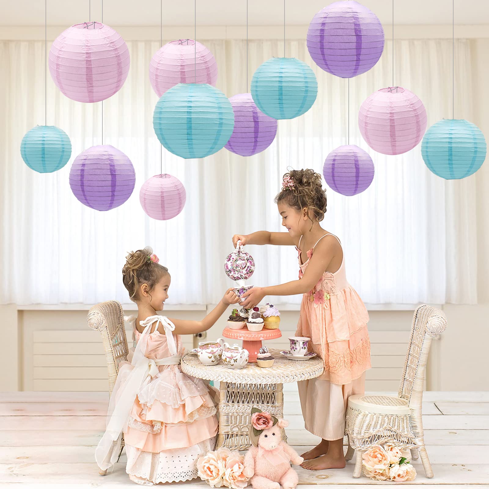 Paper Lanterns Party Decorations, Pink Purple Blue Round Hanging Lantern For Mermaid Theme Girl Birthday Party Wedding Baby Show
