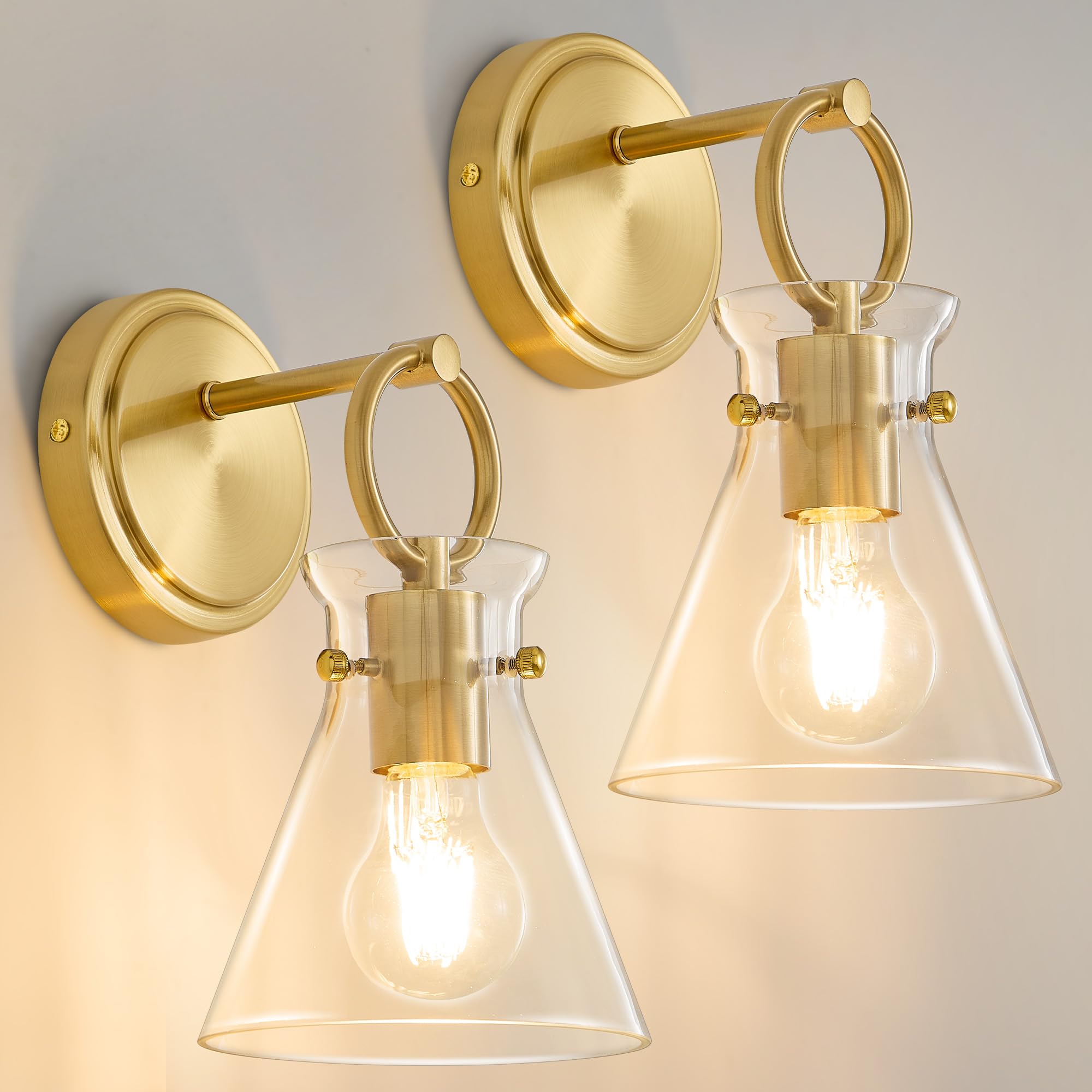 Gednbo Gold Wall Sconces Set Of 2 Modern Vanity Light Fixtures For Bathroom Wall Mount Lighting Lamp Hardwired Farmhouse Wall Lights With 6 Inch Clear Glass Shade For Bedroom Living Room Mirror