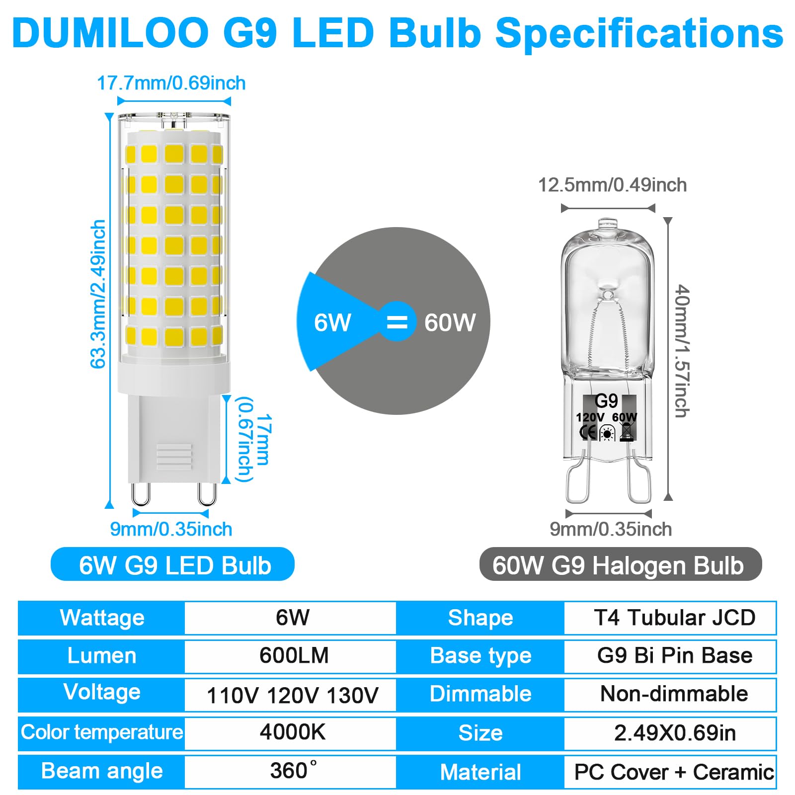 Dumiloo G9 Led Bulb 6W 60W Halogen Equivalent 4000K Natural White High Brightness 600Lm  Ac120V T4 G9 Bulbs With Long Lifespan For Chandeliers Home Lighting G9 Bi-Pin Ceramic Base Non-Dimmable 6 Pack