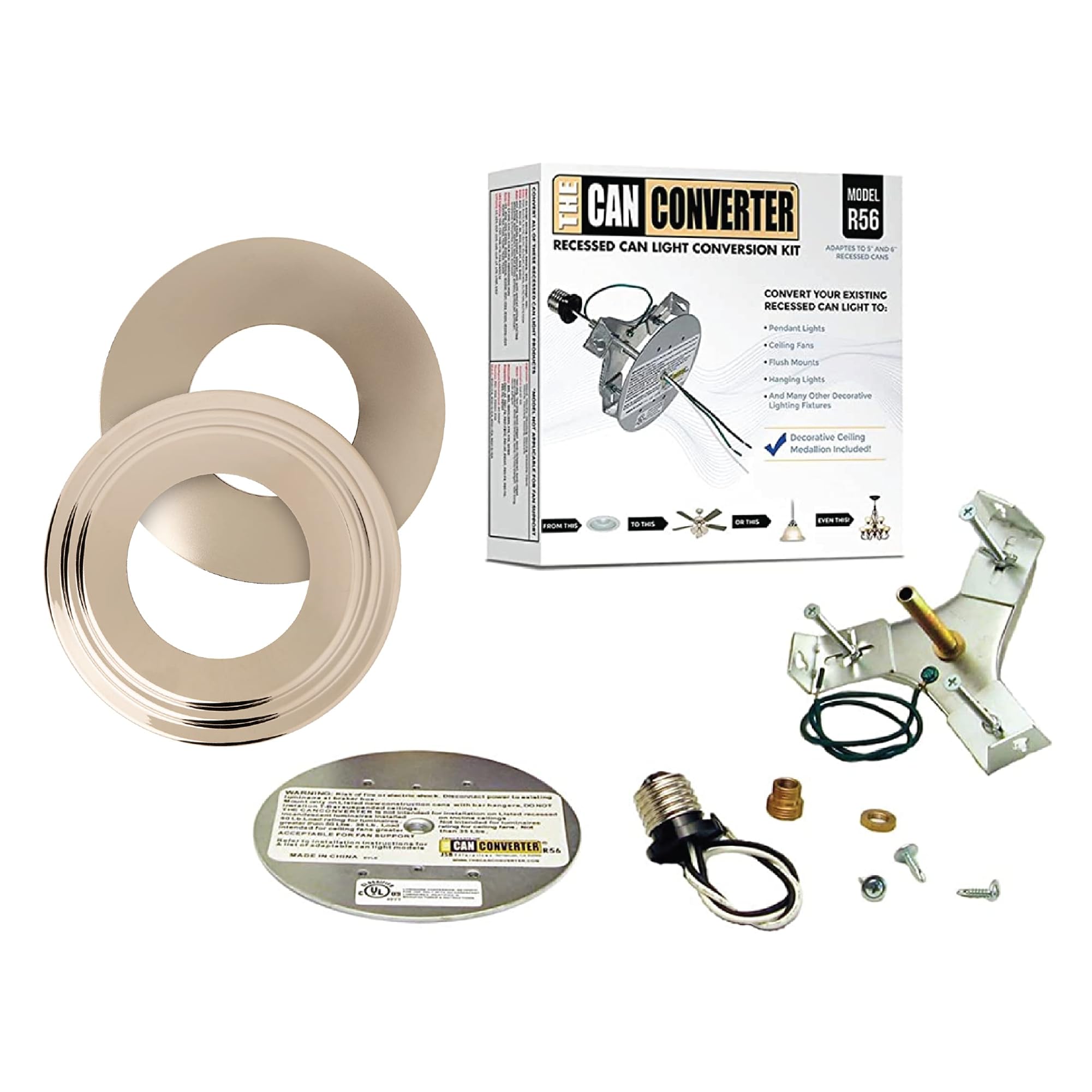 The Can Converter - R56, Complete Recessed Can Light Conversion Kit, For Ceiling Light Fixture, Pendant Light, Hanging Light, Ceiling Fan, 7¾ Beveled & Flat, Steel, Ceiling Medallion, Polished Nickel