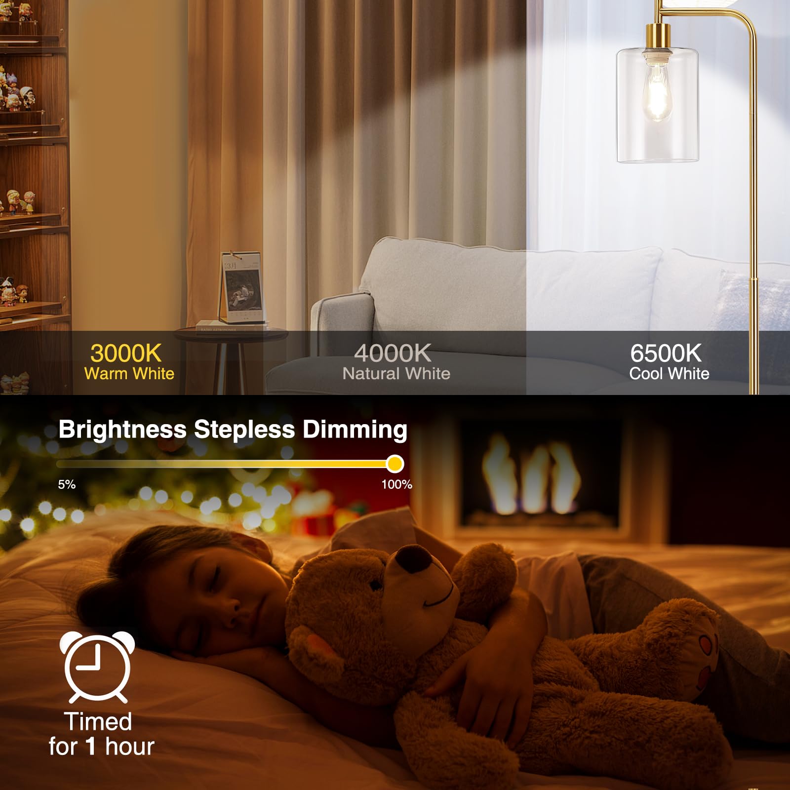 Litake Industrial Floor Lamp, Dimmable Modern Standing Lamp, Gold, Metal, KL-F014(GOLD), with Clear Glass Shade and Remote Control