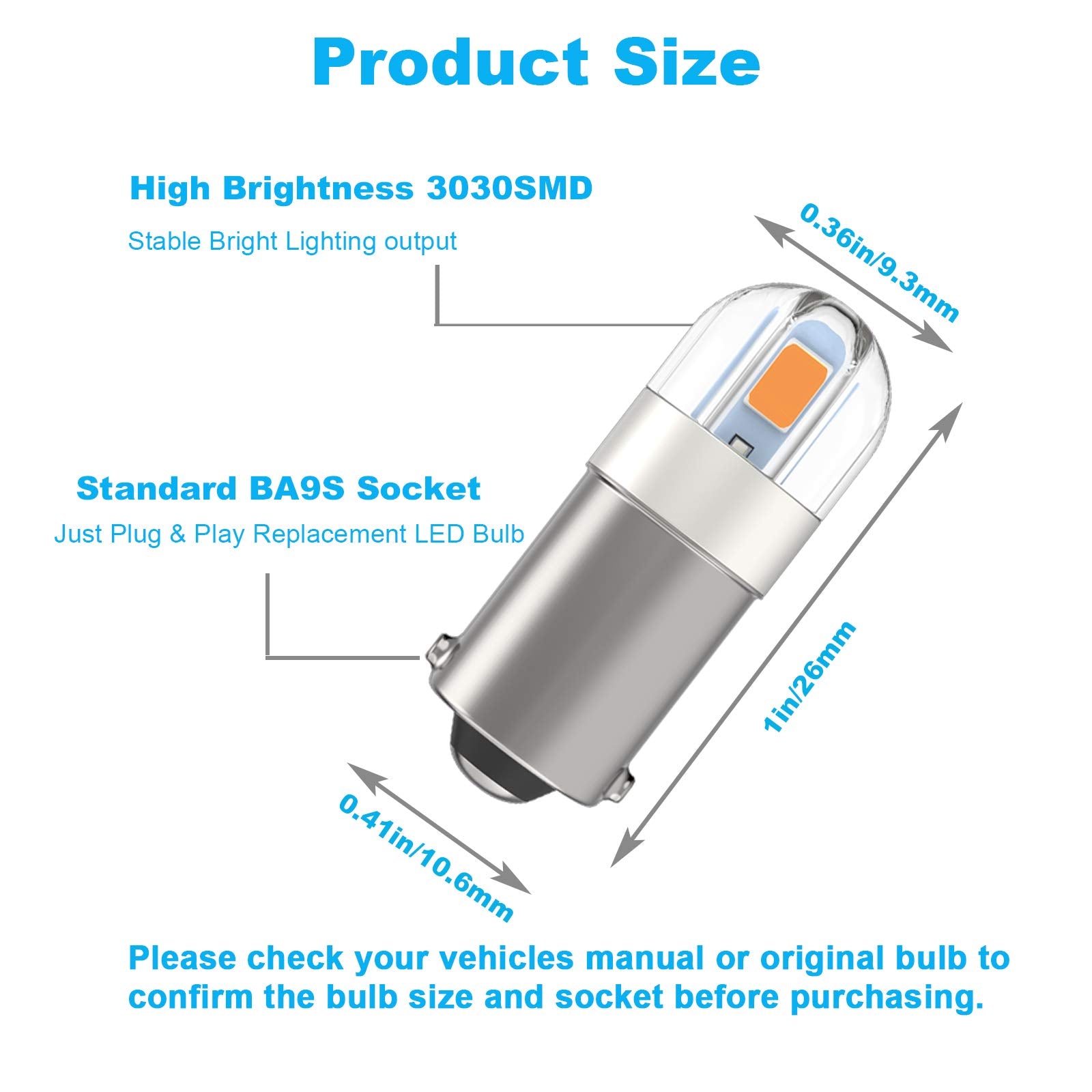 Serundo Auto BA9S LED Bulb 2SMD 3030 Chips Pack of 10pcs Amber Yellow for Car Interior Dome Map License Plate Light