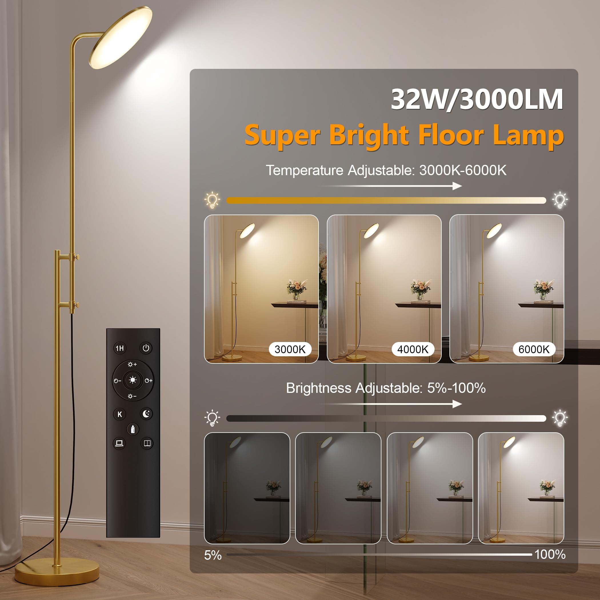 SUNMORY LED Floor Lamp - 32W/3000LM, Adjustable Gold Torchiere with Remote Control, Modern Design for Living Room & Bedroom, Model FLM-032-XS
