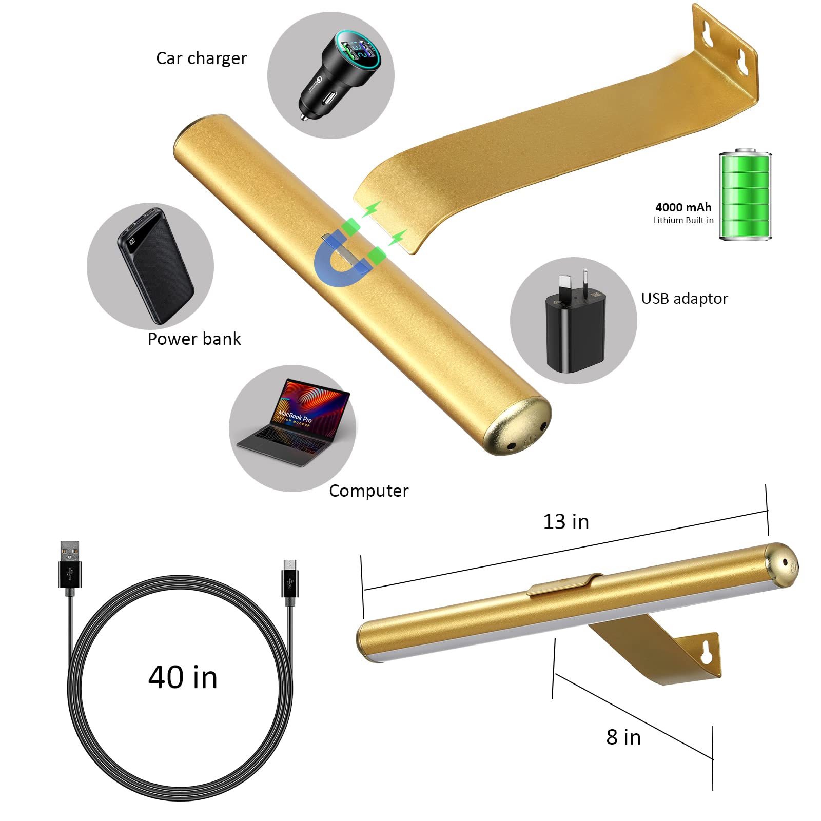 VIGMOJ Wireless Picture Light, 13inch Gold, Metal, Dimmable, Rechargeable with Remote Control, 300LM, Model HD-G