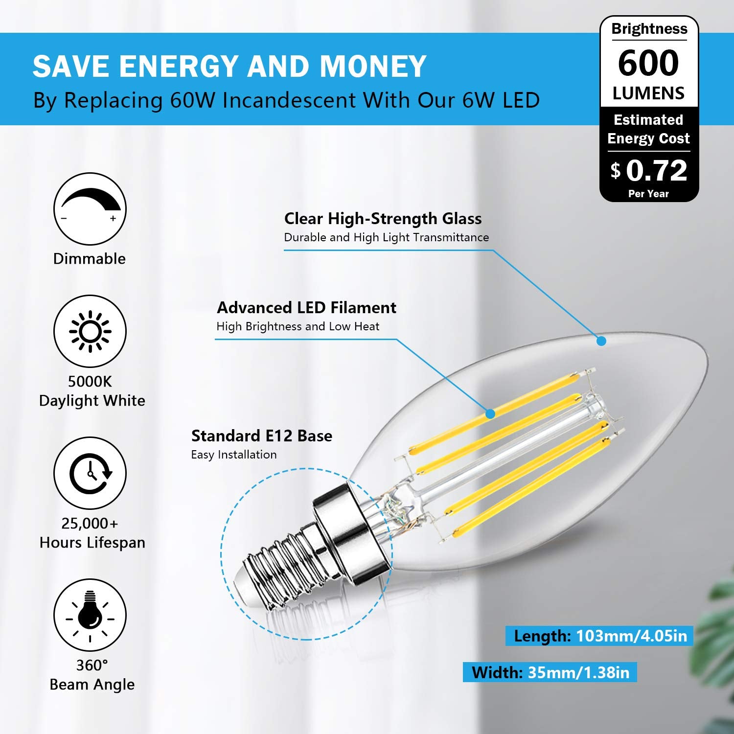 12-Pack Dimmable E12 Led Candelabra Bulbs 60W Equivalent, 5000K Daylight White, 600 Lumens B11 Candle Base 6W C35 Led Filament V