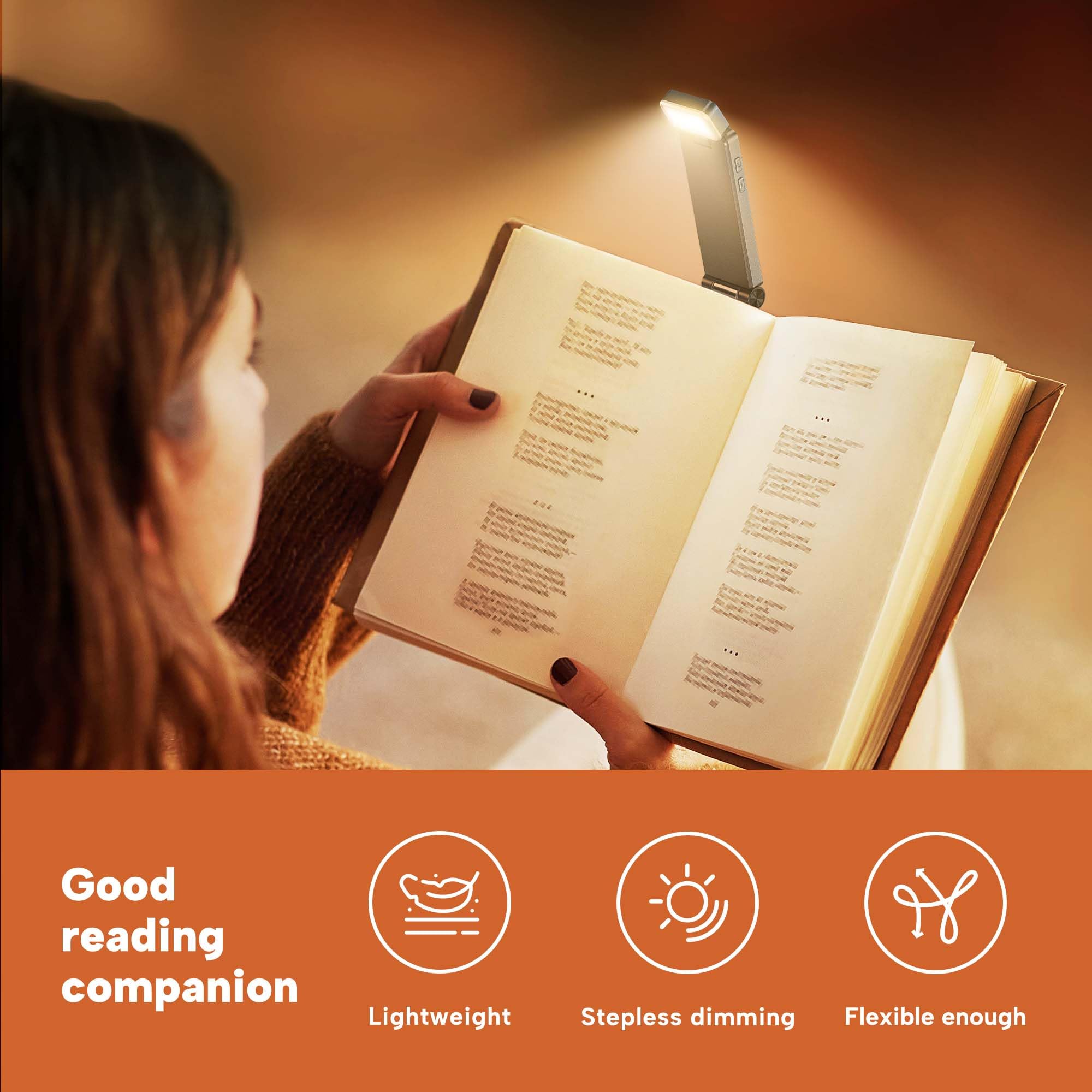 86lux Rechargeable Book Light - Ultralight Clip-on LED Lamp, 3 Amber Colors, Stepless Dimming, Ashen, Model OK08