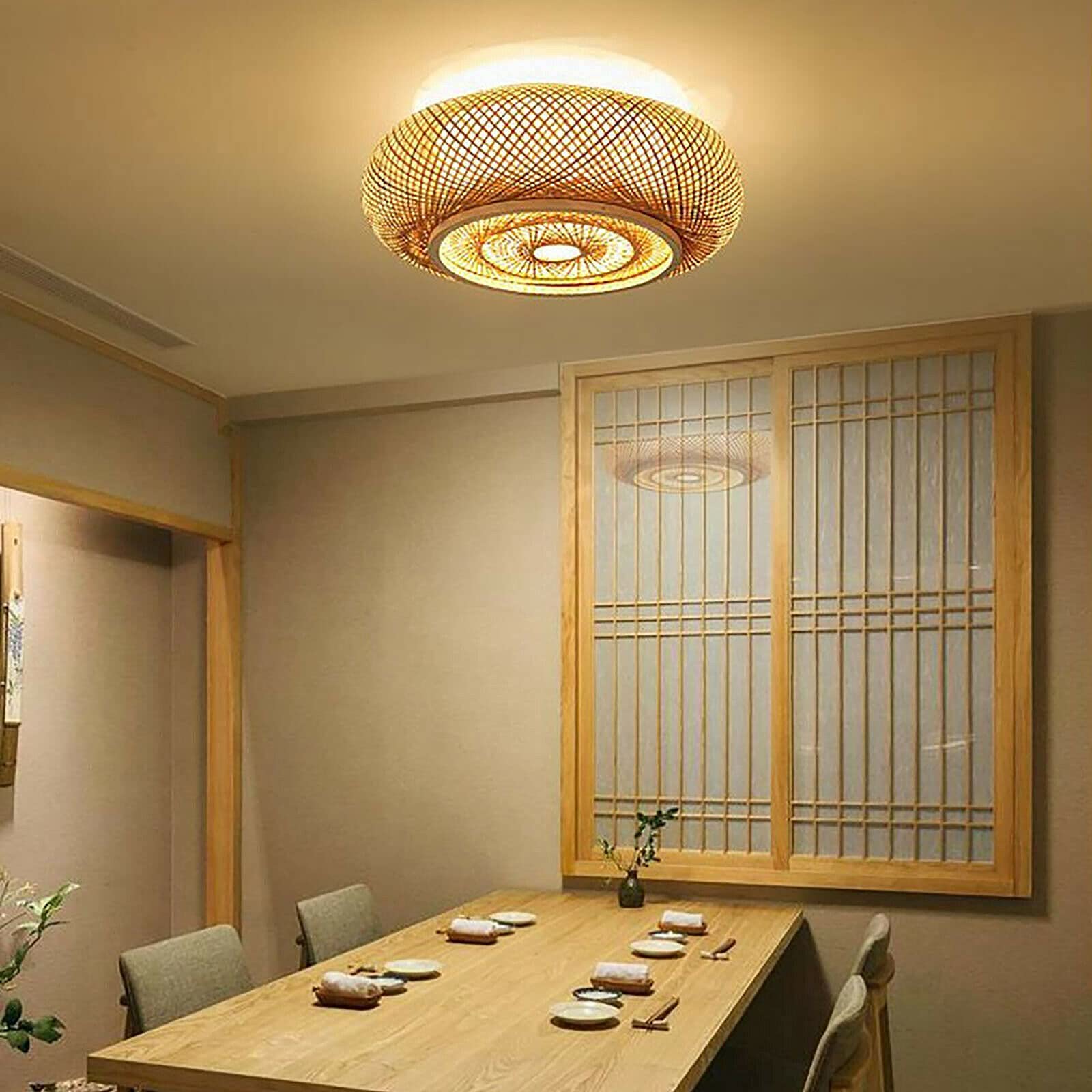 Rattan Chandelie Flush Mount Ceiling Light Bamboo Woven Light Fixture,Mesh Wicker Pendant Light Rattan Basket Boho Led Light Han