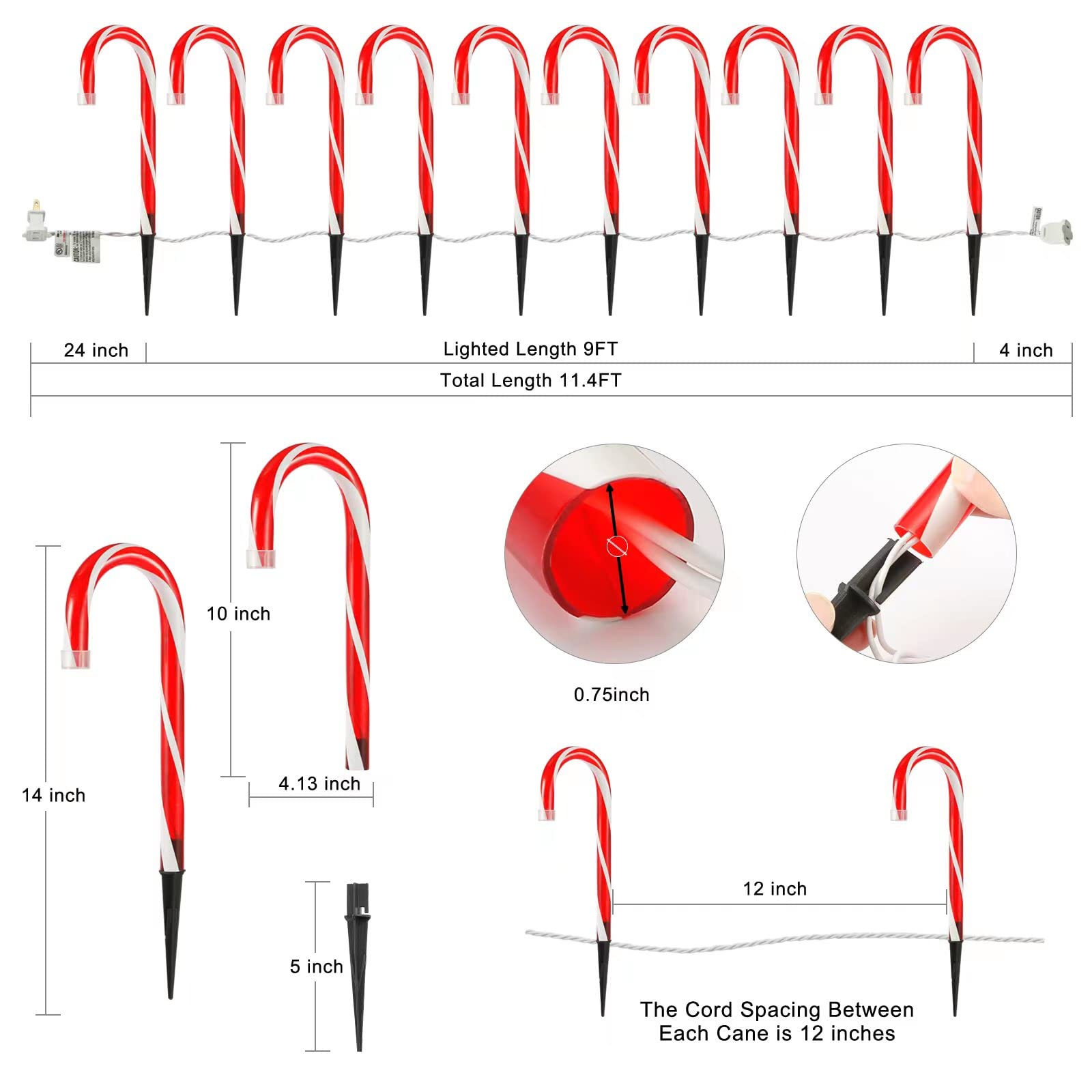 Christmas Candy Cane Pathway Markers Lights, Candy Canes Lights Outdoor, 10 Inch Set Of 10 Pack Christmas Candy Cane Lights Deco