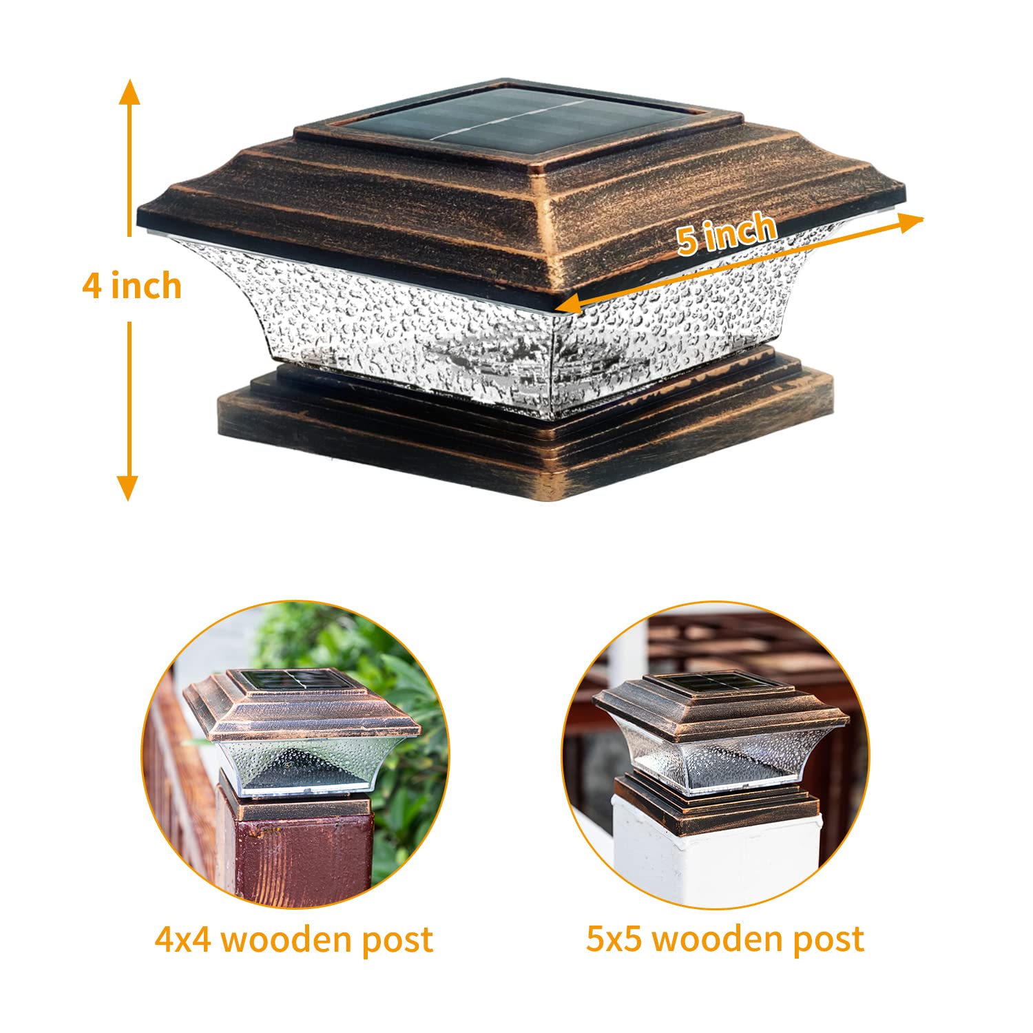 HUYIENO Solar Post Cap Lights Outdoor LED, Warm White/7 RGB, 4x4 & 5x5, Brushed Copper, 8pk, Model HY1238C-